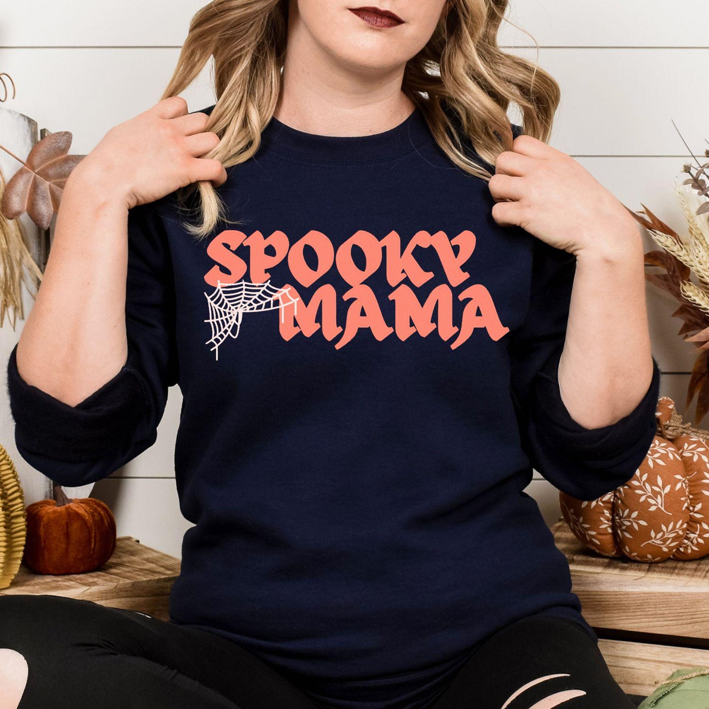 Spooky Mama Embroidery Sweatshirt | Halloween Fall Sweatshirt | Gothic Spiderweb Sweater | Cozy Seasonal Embroidered Shirt