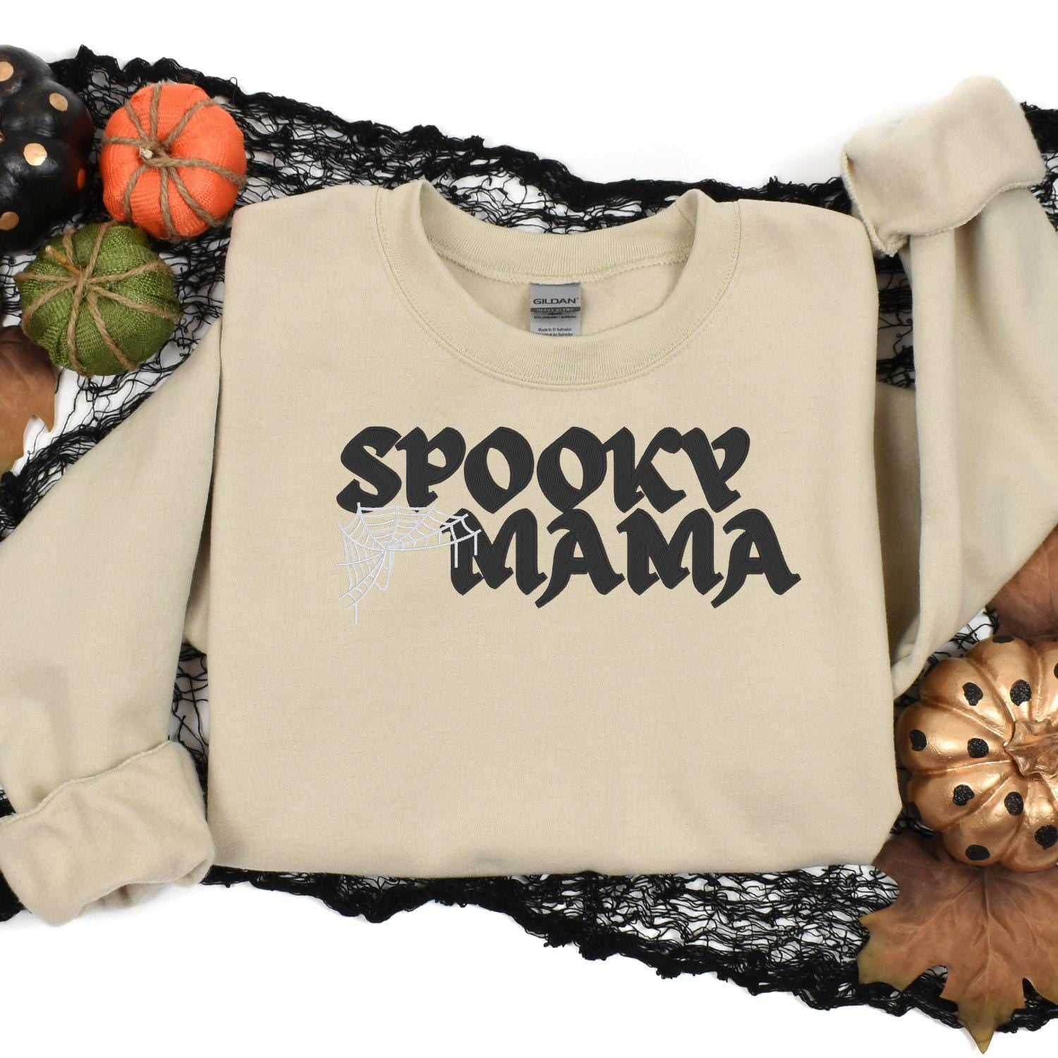 Spooky Mama Embroidery Sweatshirt | Halloween Fall Sweatshirt | Gothic Spiderweb Sweater | Cozy Seasonal Embroidered Shirt