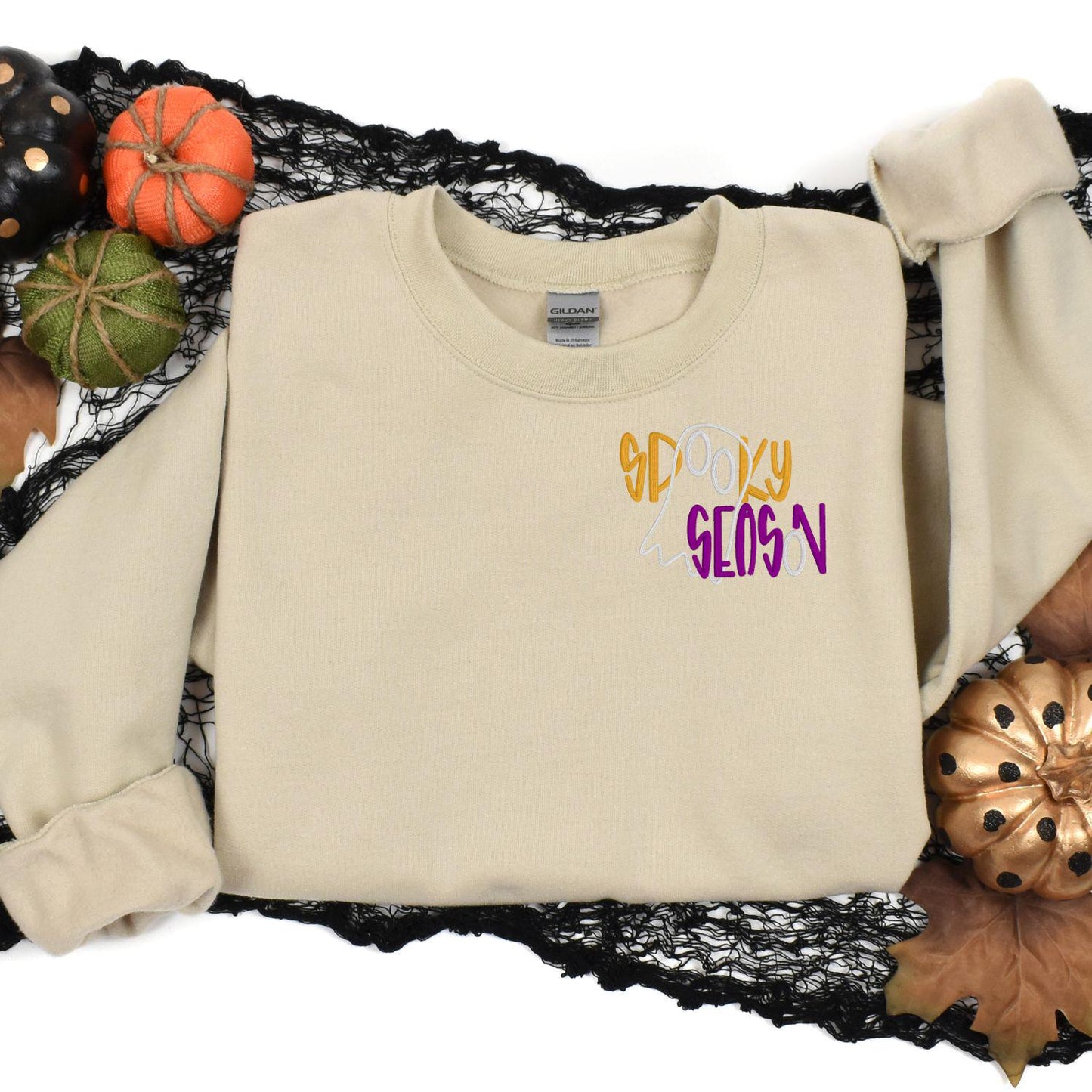 Spooky Season Ghost Embroidery Sweatshirt | Fall Halloween Pullover | Cozy Autumn Crewneck | Cute Boho Spooky Vibes Shirt
