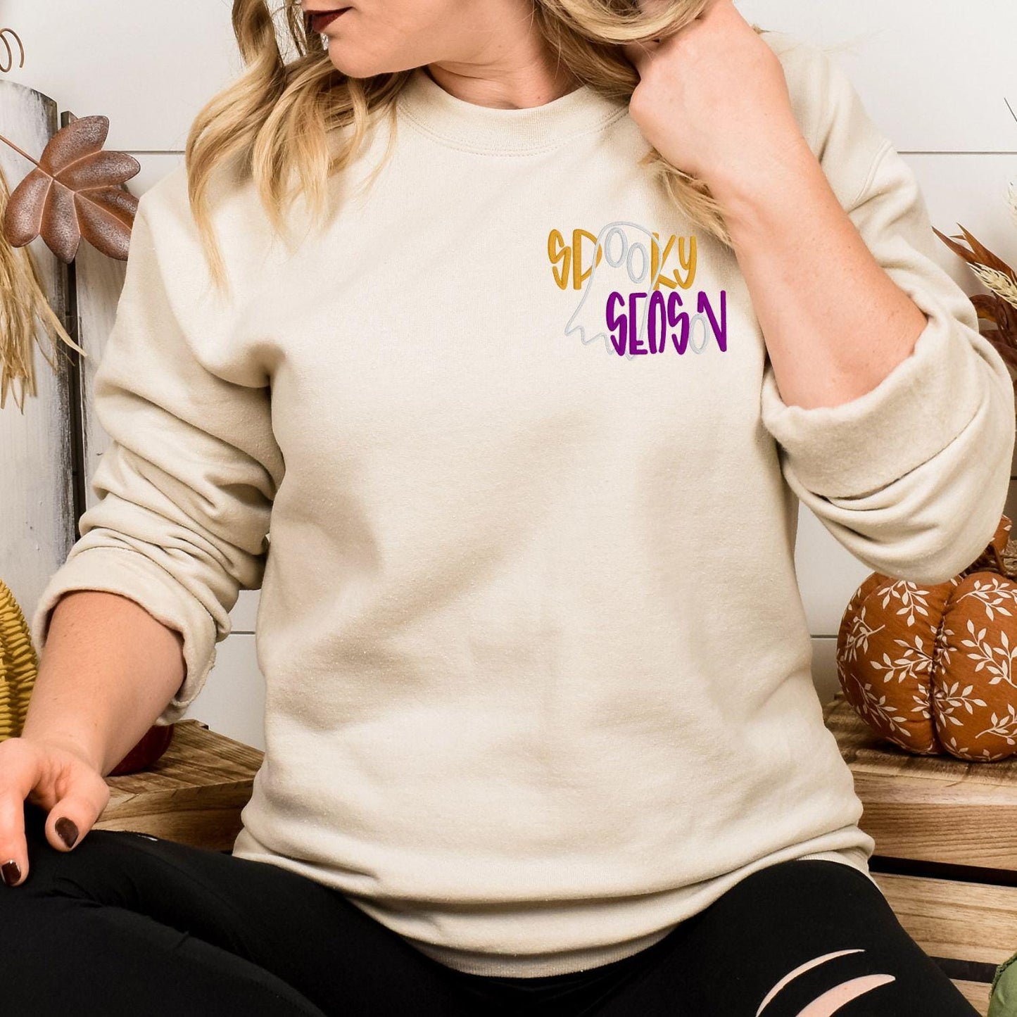 Spooky Season Ghost Embroidery Sweatshirt | Fall Halloween Pullover | Cozy Autumn Crewneck | Cute Boho Spooky Vibes Shirt