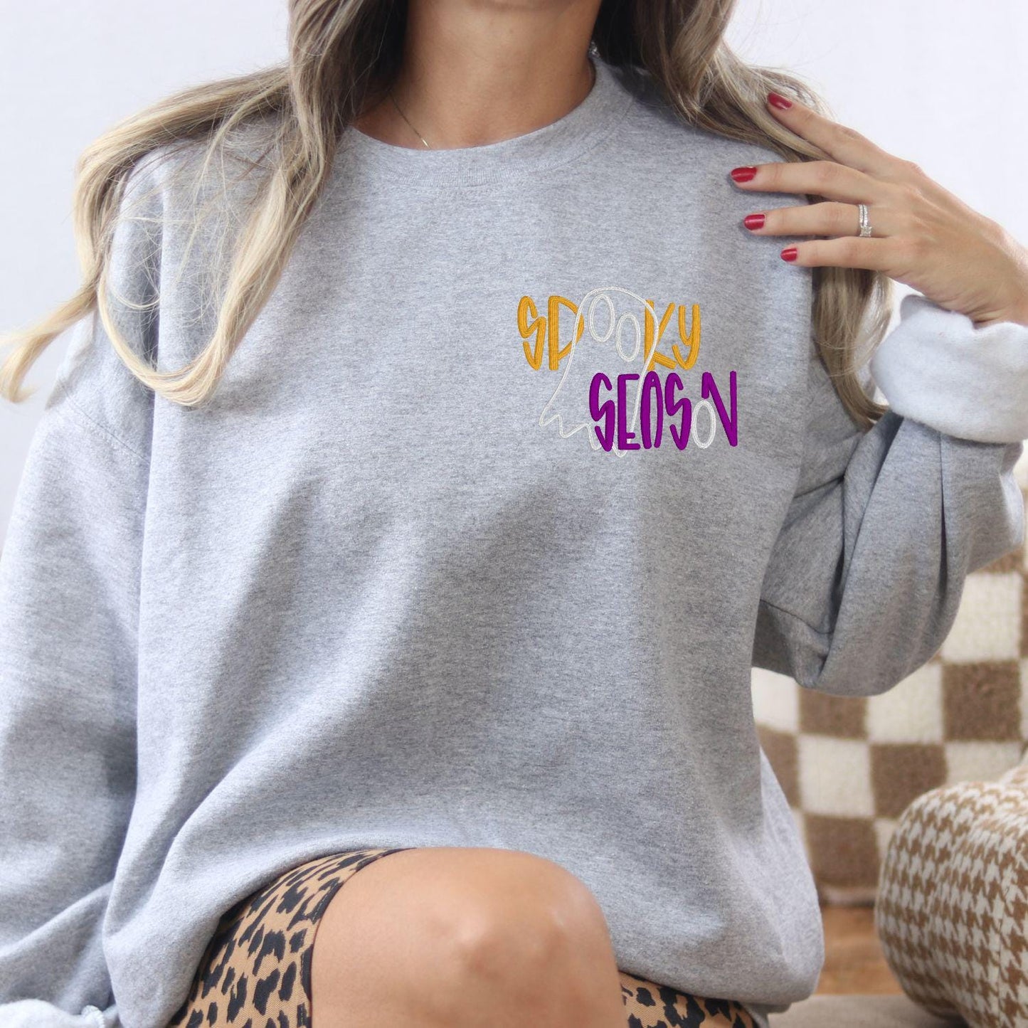 Spooky Season Ghost Embroidery Sweatshirt | Fall Halloween Pullover | Cozy Autumn Crewneck | Cute Boho Spooky Vibes Shirt