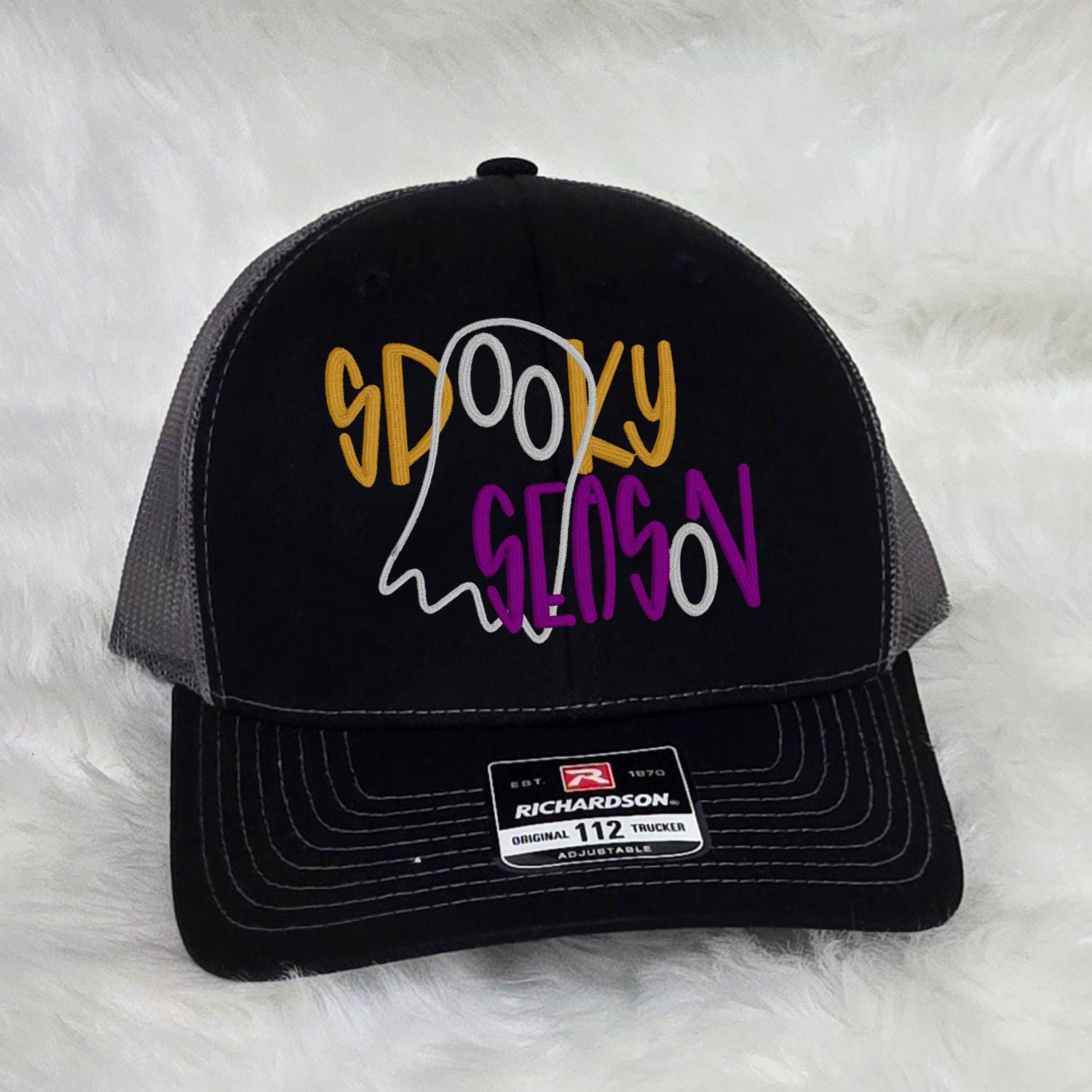 Spooky Season Trucker Hat Embroidered Ghost Design | Halloween Mesh Back Cap | Fall Aesthetic Hat for Autumn Outfits & Costume Looks