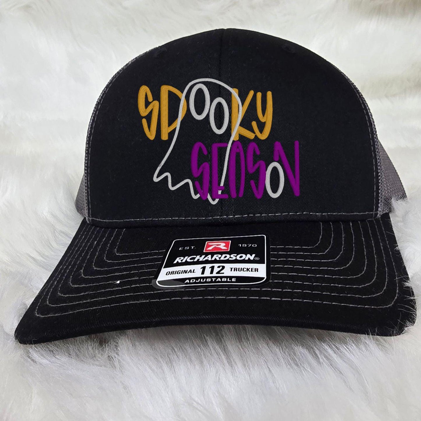 Spooky Season Trucker Hat Embroidered Ghost Design | Halloween Mesh Back Cap | Fall Aesthetic Hat for Autumn Outfits & Costume Looks