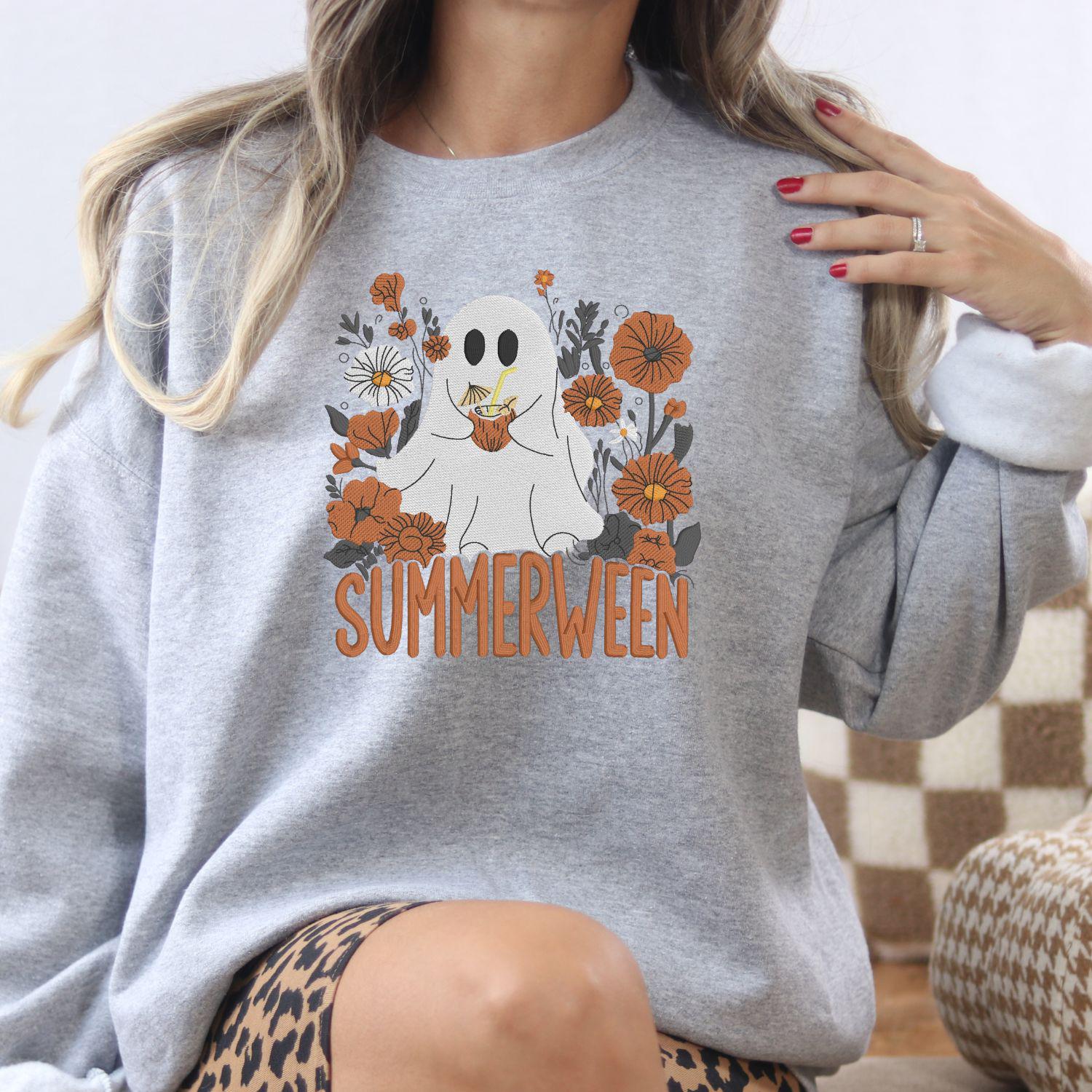Summerween Ghost Embroidery Sweatshirt | Cute Floral Halloween Fall Shirt | Cozy Autumn Pullover | Spooky Season Pumpkin Lover Top