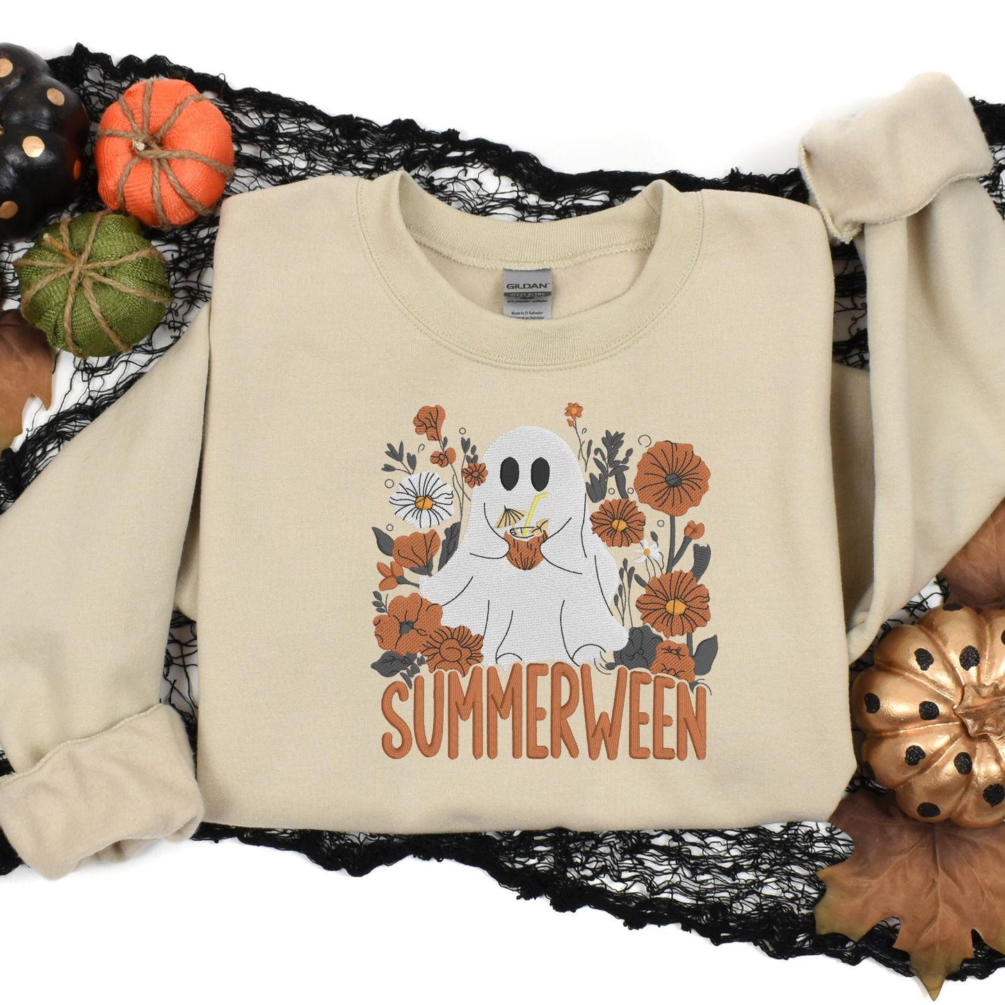 Summerween Ghost Embroidery Sweatshirt | Cute Floral Halloween Fall Shirt | Cozy Autumn Pullover | Spooky Season Pumpkin Lover Top