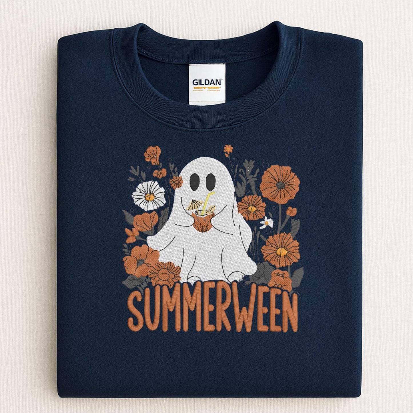 Summerween Ghost Embroidery Sweatshirt | Cute Floral Halloween Fall Shirt | Cozy Autumn Pullover | Spooky Season Pumpkin Lover Top
