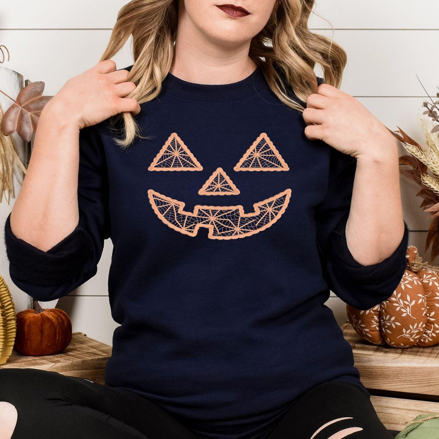 Fall Pumpkin Face Embroidery Sweatshirt • Cozy Autumn Jack O Lantern Crewneck • Halloween Pumpkin Stitch Shirt • Fall Season Top