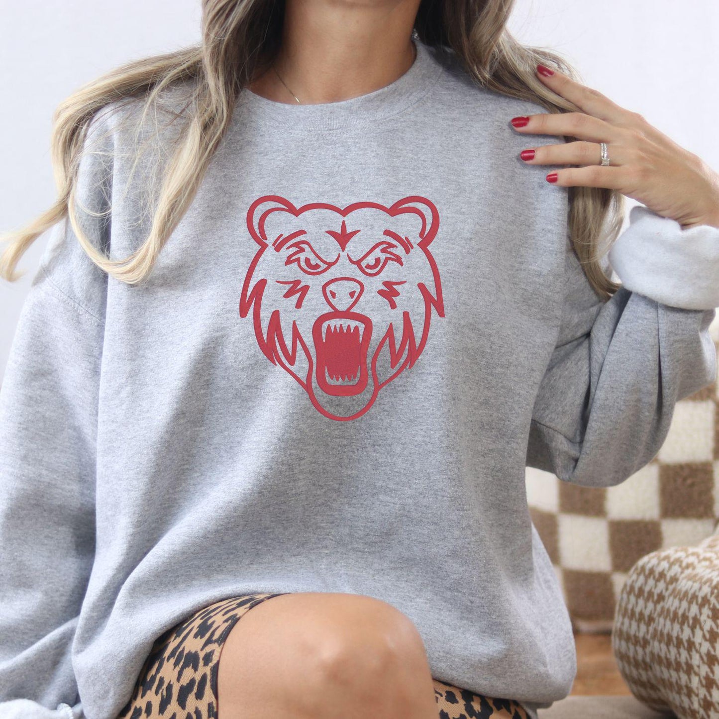 Embroidered Bear Mascot Crewneck Sweatshirt | Unisex School Spirit Team Apparel | Custom Sports Game Day Outfit | Gift for Fans