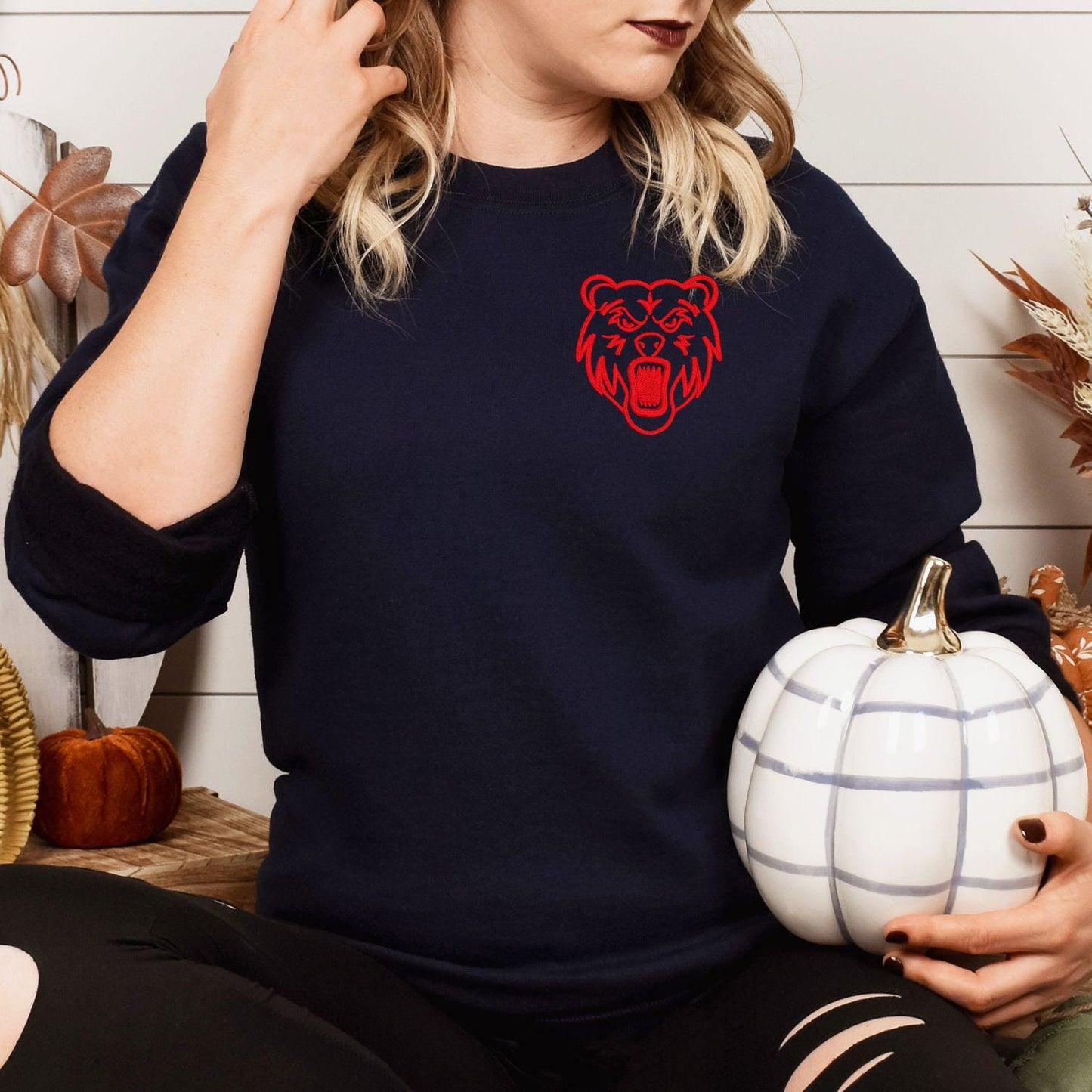 Embroidered left chest Bear Mascot Crewneck Sweatshirt | Unisex School Spirit Team Apparel | Custom Sports Game Day Outfit | Gift for Fans