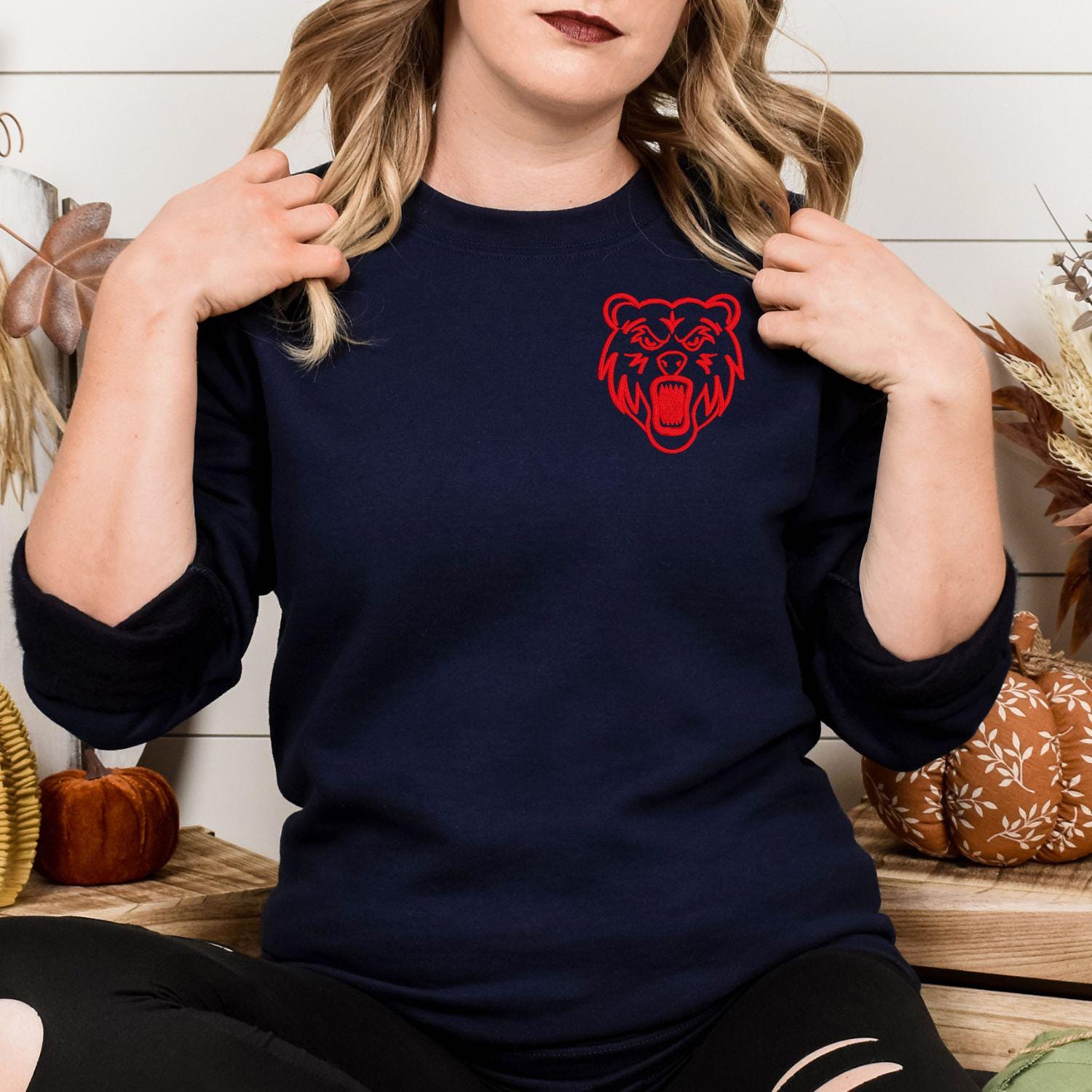 Embroidered left chest Bear Mascot Crewneck Sweatshirt | Unisex School Spirit Team Apparel | Custom Sports Game Day Outfit | Gift for Fans