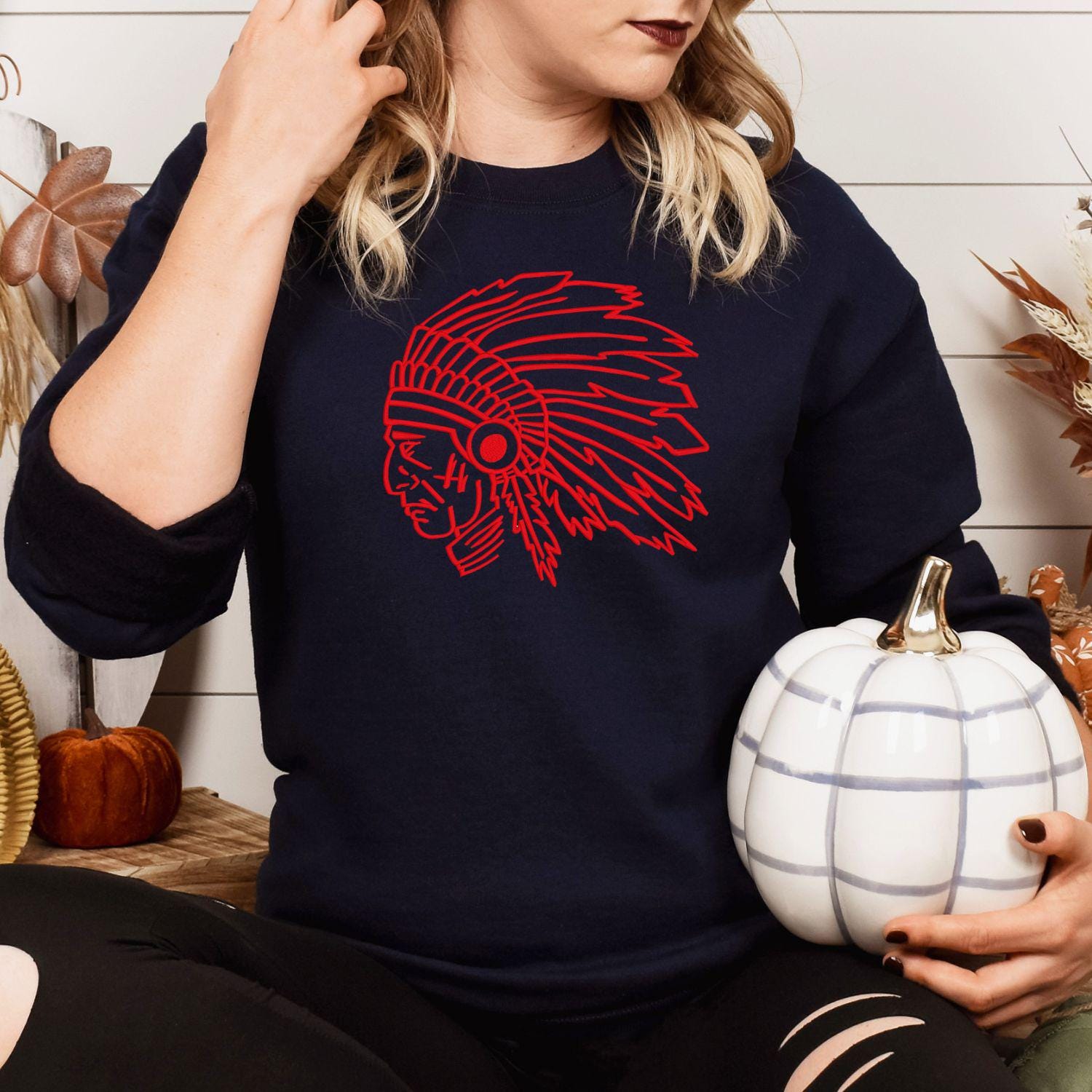 Custom Indians Mascot Crewneck Sweatshirt | Embroidered Native Headdress Design | School Spirit Apparel | Game Day Fan Gift Unisex