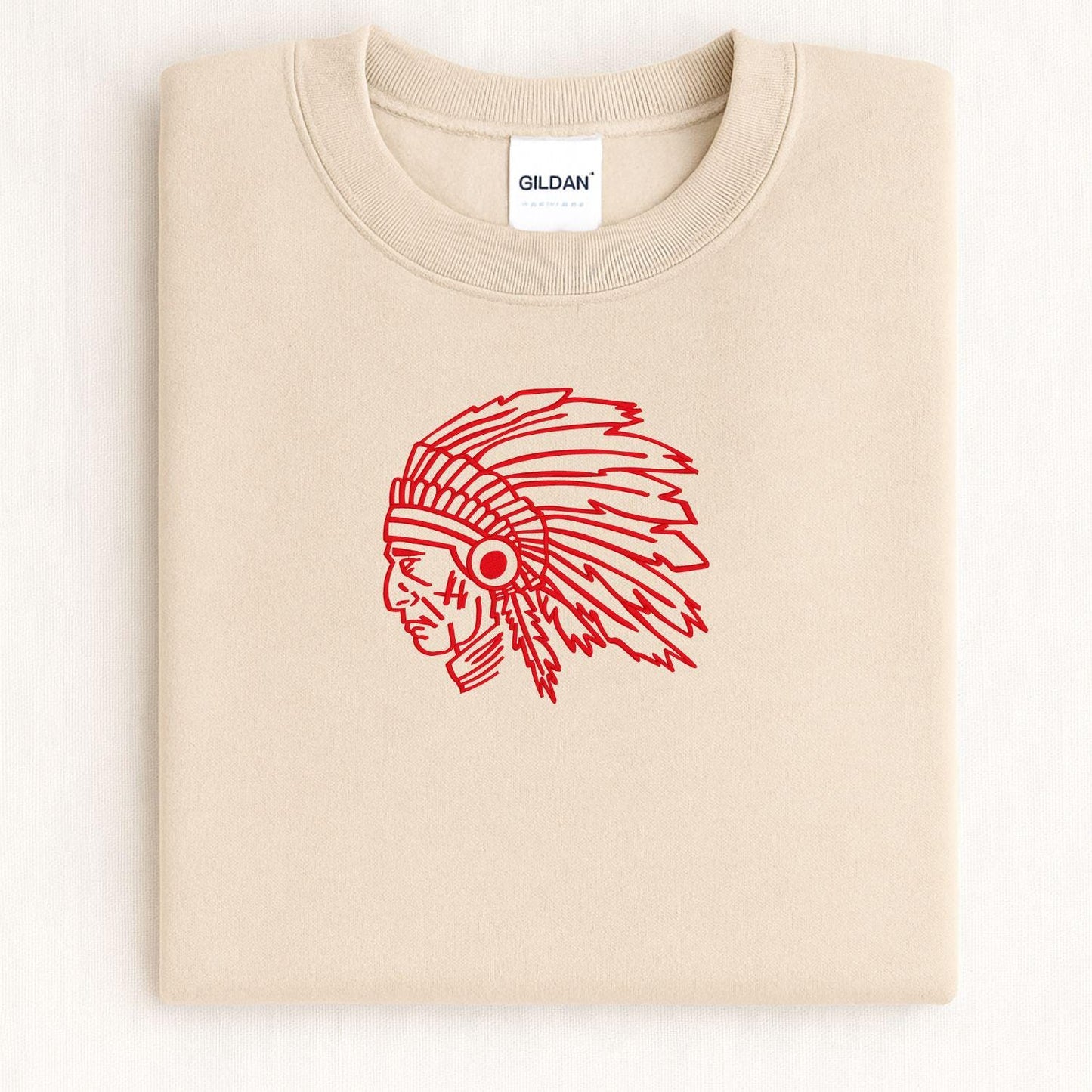 Custom Indians Mascot Crewneck Sweatshirt | Embroidered Native Headdress Design | School Spirit Apparel | Game Day Fan Gift Unisex