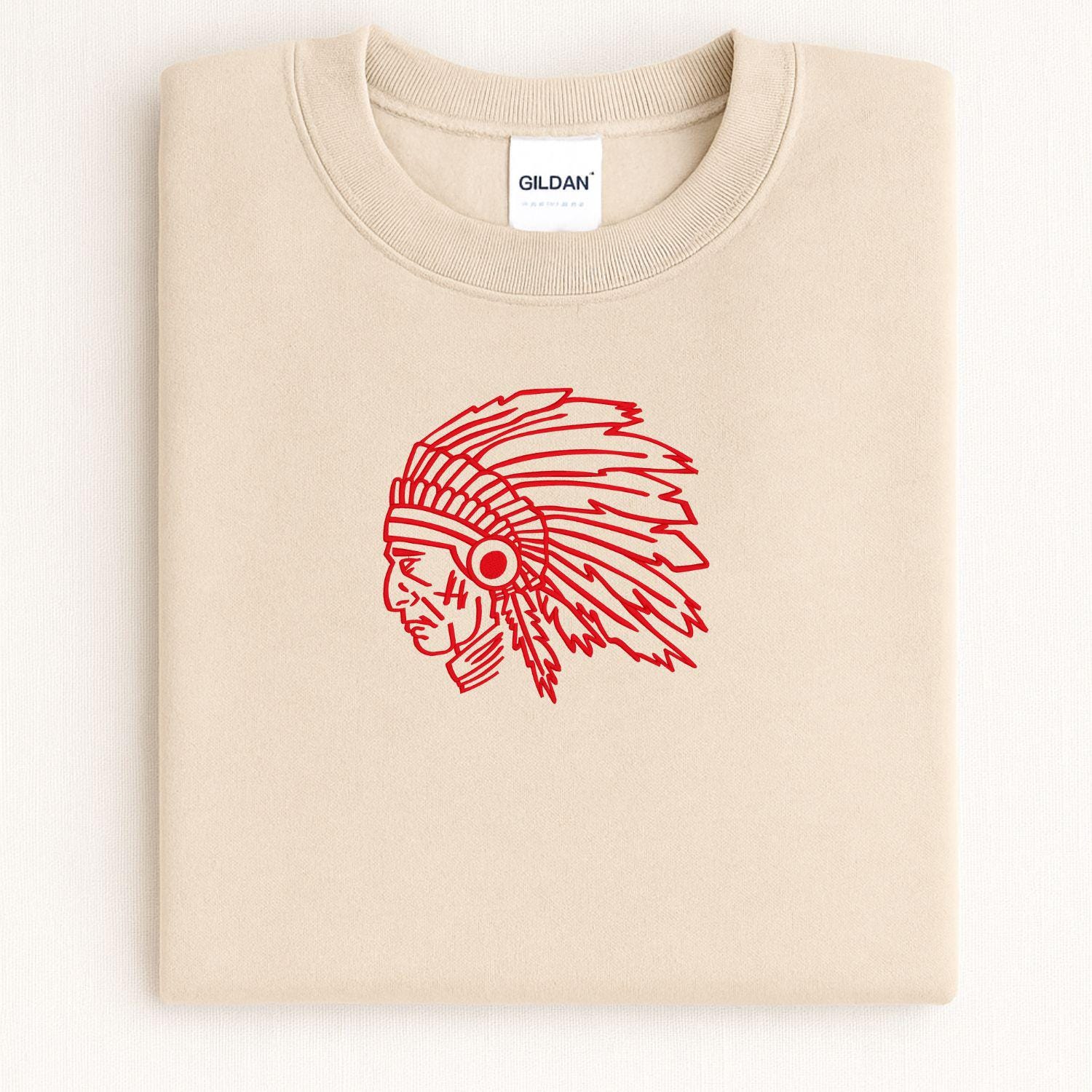 Custom Indians Mascot Crewneck Sweatshirt | Embroidered Native Headdress Design | School Spirit Apparel | Game Day Fan Gift Unisex