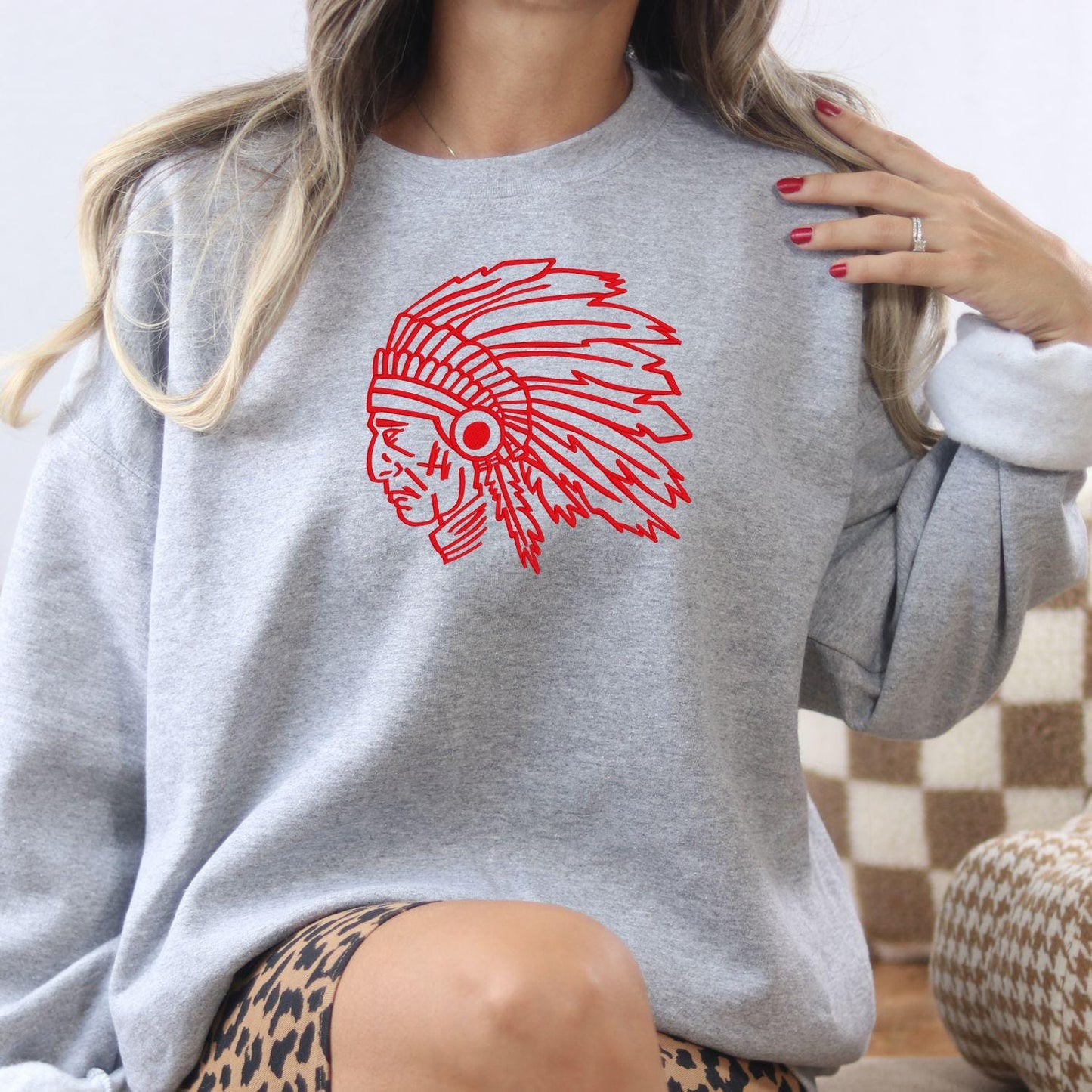 Custom Indians Mascot Crewneck Sweatshirt | Embroidered Native Headdress Design | School Spirit Apparel | Game Day Fan Gift Unisex