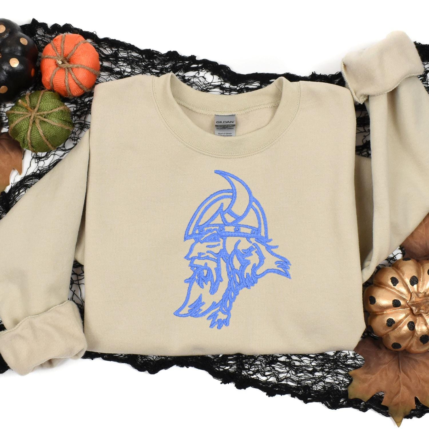 Embroidered Vintage Viking Mascot Crewneck Sweatshirt | Unisex School Spirit Team Apparel | Custom Sports Game Day Outfit | Gift for Fans