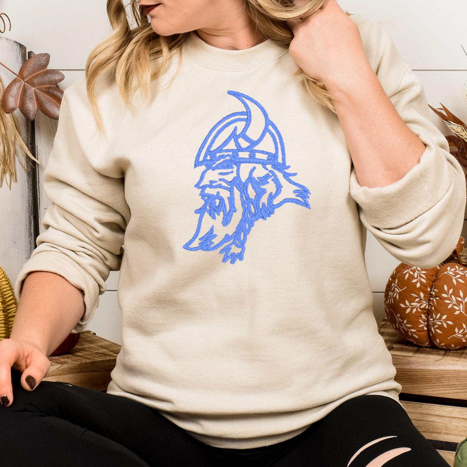 Embroidered Vintage Viking Mascot Crewneck Sweatshirt | Unisex School Spirit Team Apparel | Custom Sports Game Day Outfit | Gift for Fans