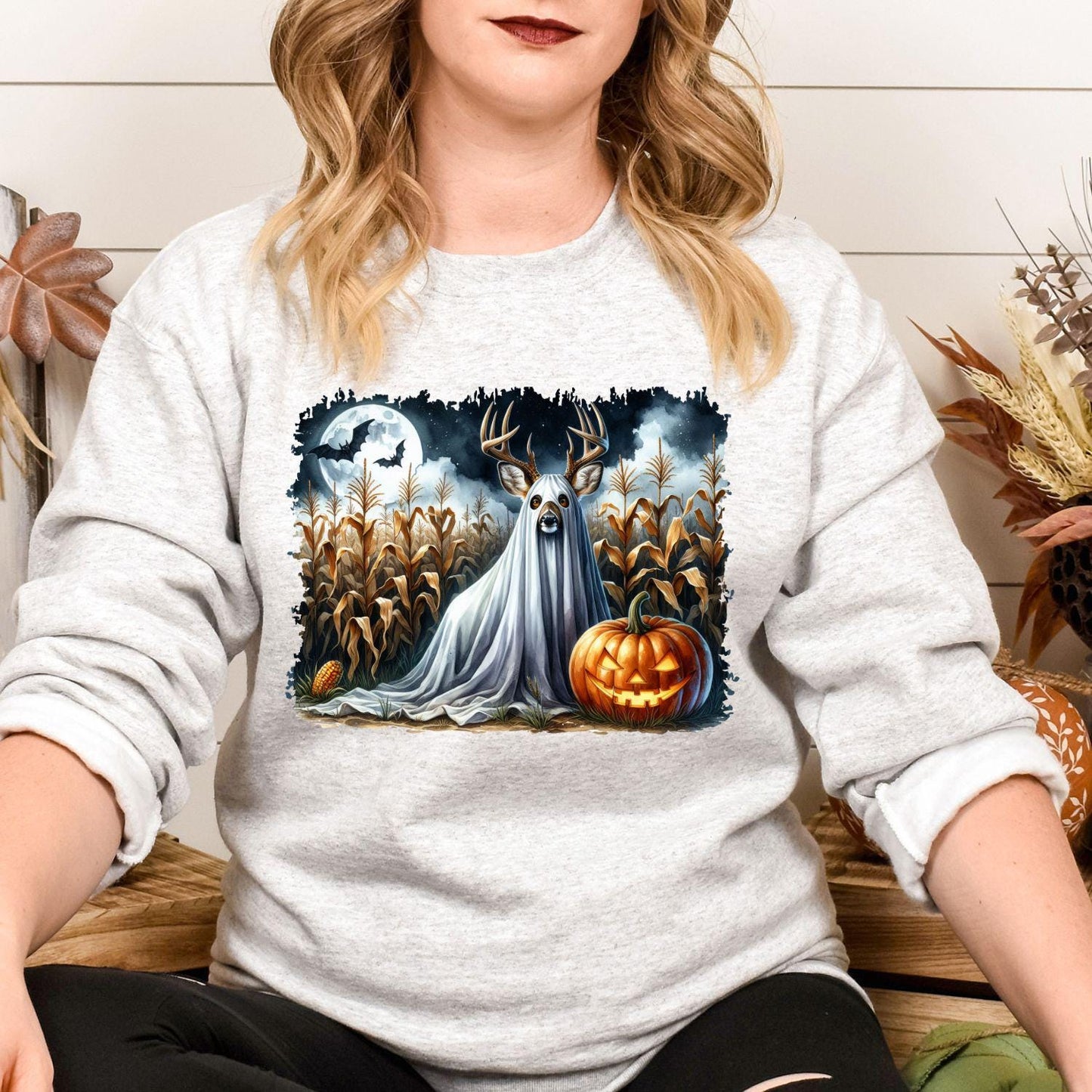 Ghost Deer Halloween Shirt Spooky Fall Pumpkin Moon Cornfield Scene DTG Print Sweatshirt Hunting Lover Autumn Graphic Tee