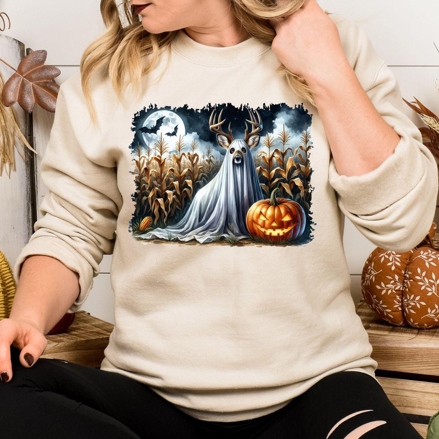 Ghost Deer Halloween Shirt Spooky Fall Pumpkin Moon Cornfield Scene DTG Print Sweatshirt Hunting Lover Autumn Graphic Tee