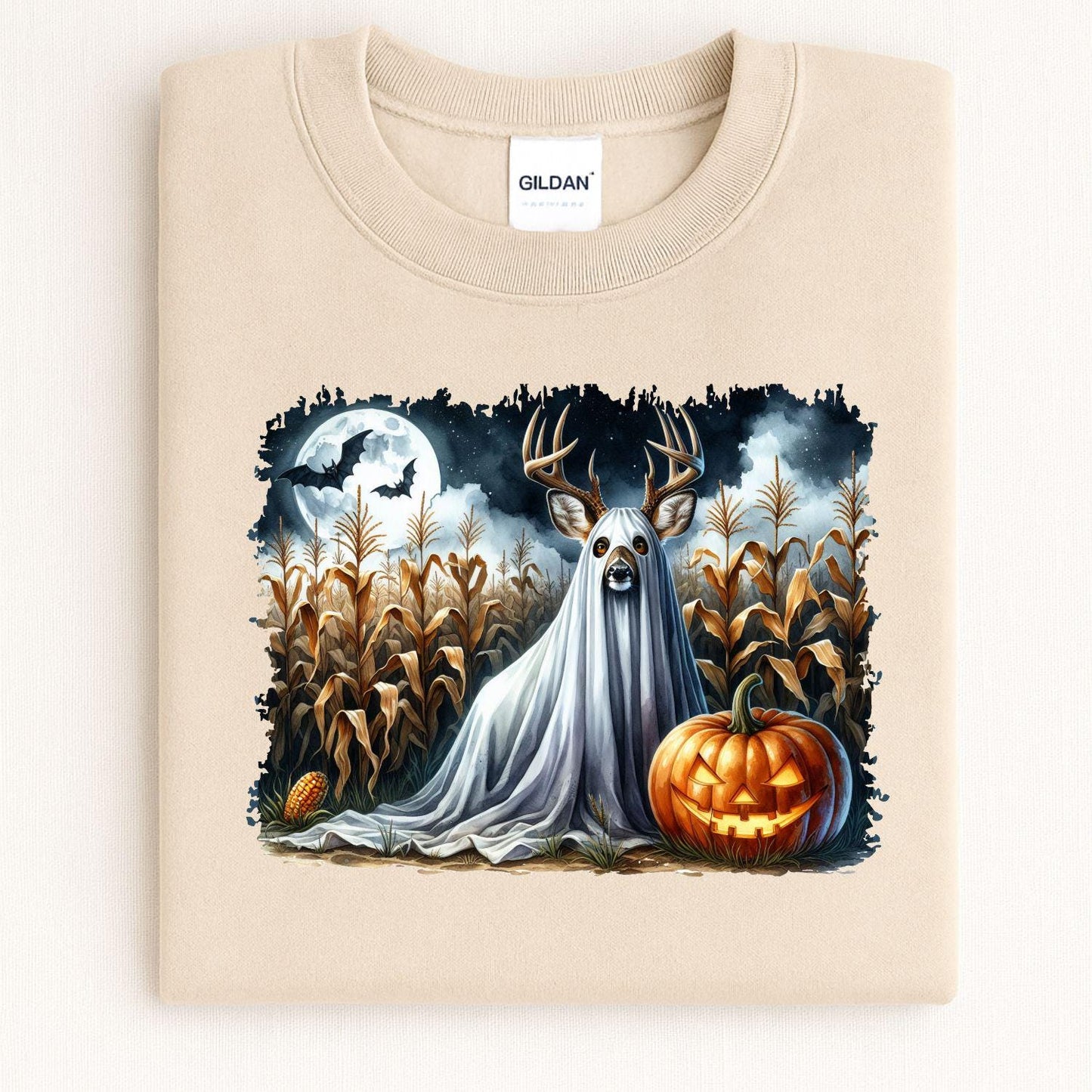 Ghost Deer Halloween Shirt Spooky Fall Pumpkin Moon Cornfield Scene DTG Print Sweatshirt Hunting Lover Autumn Graphic Tee