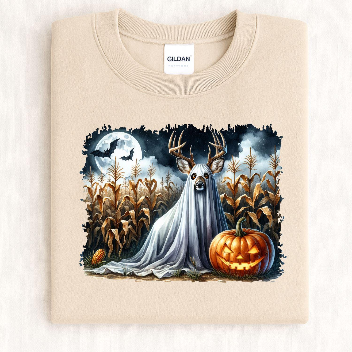 Ghost Deer Halloween Shirt Spooky Fall Pumpkin Moon Cornfield Scene DTG Print Sweatshirt Hunting Lover Autumn Graphic Tee