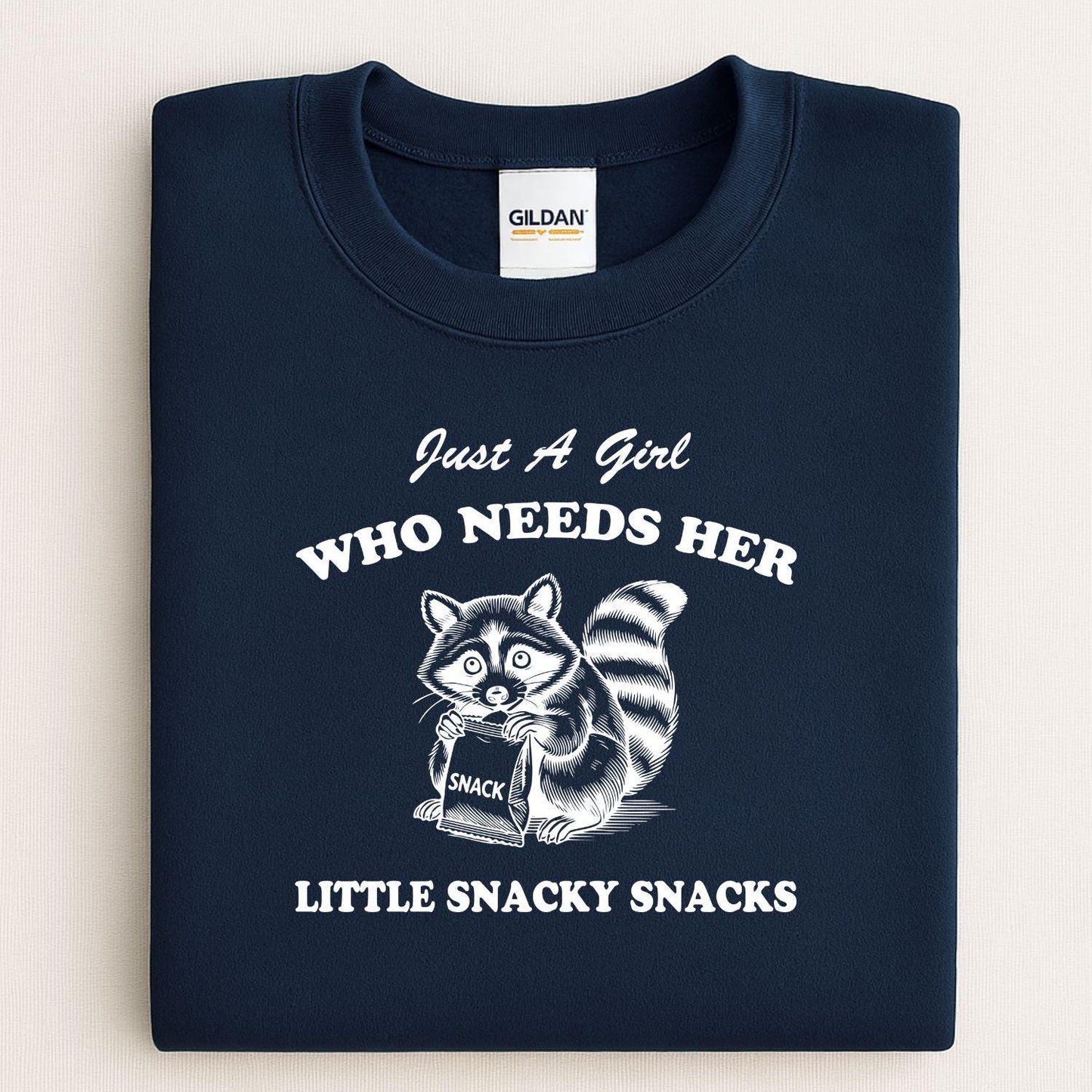 Just A Girl Funny Raccoon Snack Shirt | Cute Snack Lover DTG Tee | Graphic Foodie Shirt | Cozy Fall Humor Top | Gift For Snack Lovers