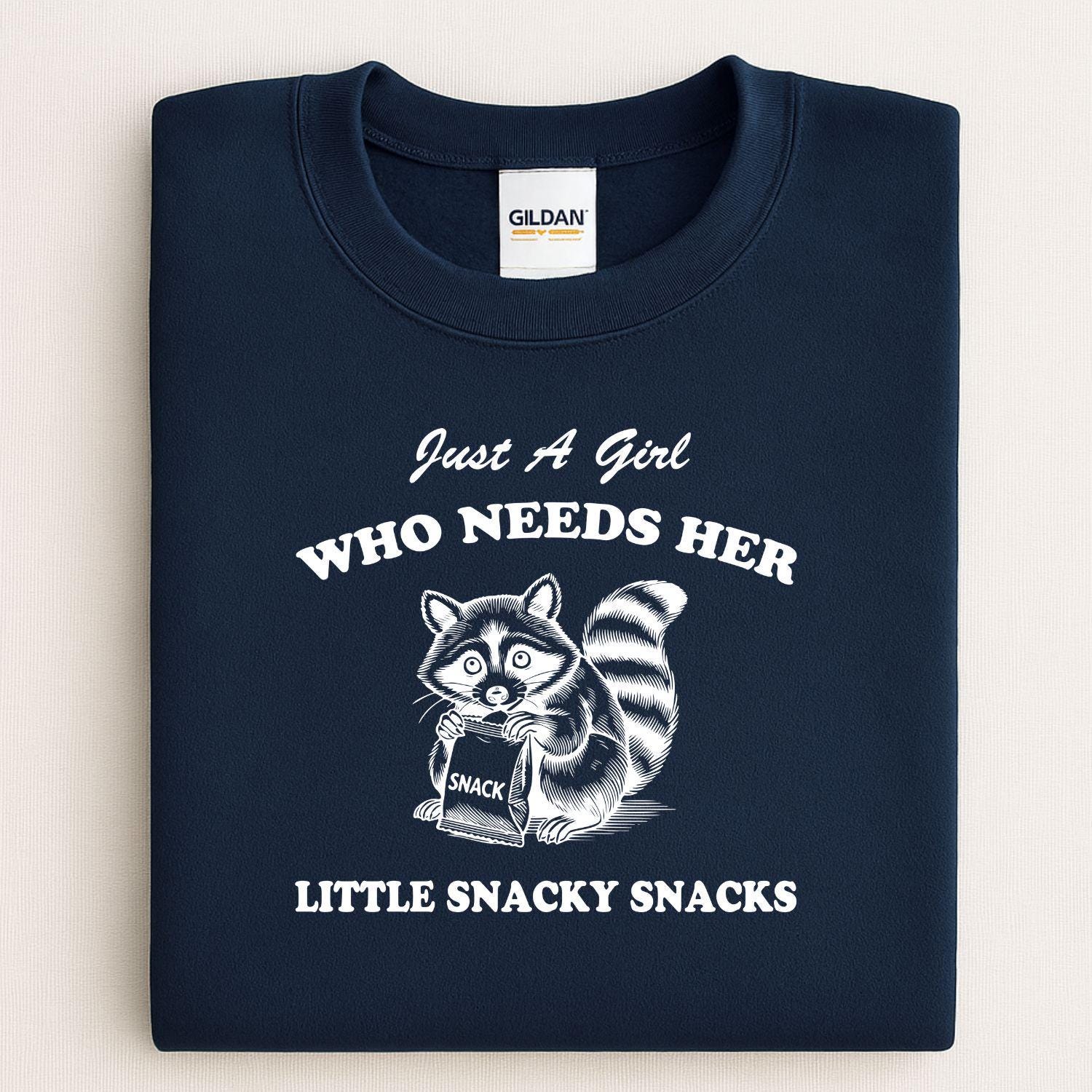 Just A Girl Funny Raccoon Snack Shirt | Cute Snack Lover DTG Tee | Graphic Foodie Shirt | Cozy Fall Humor Top | Gift For Snack Lovers