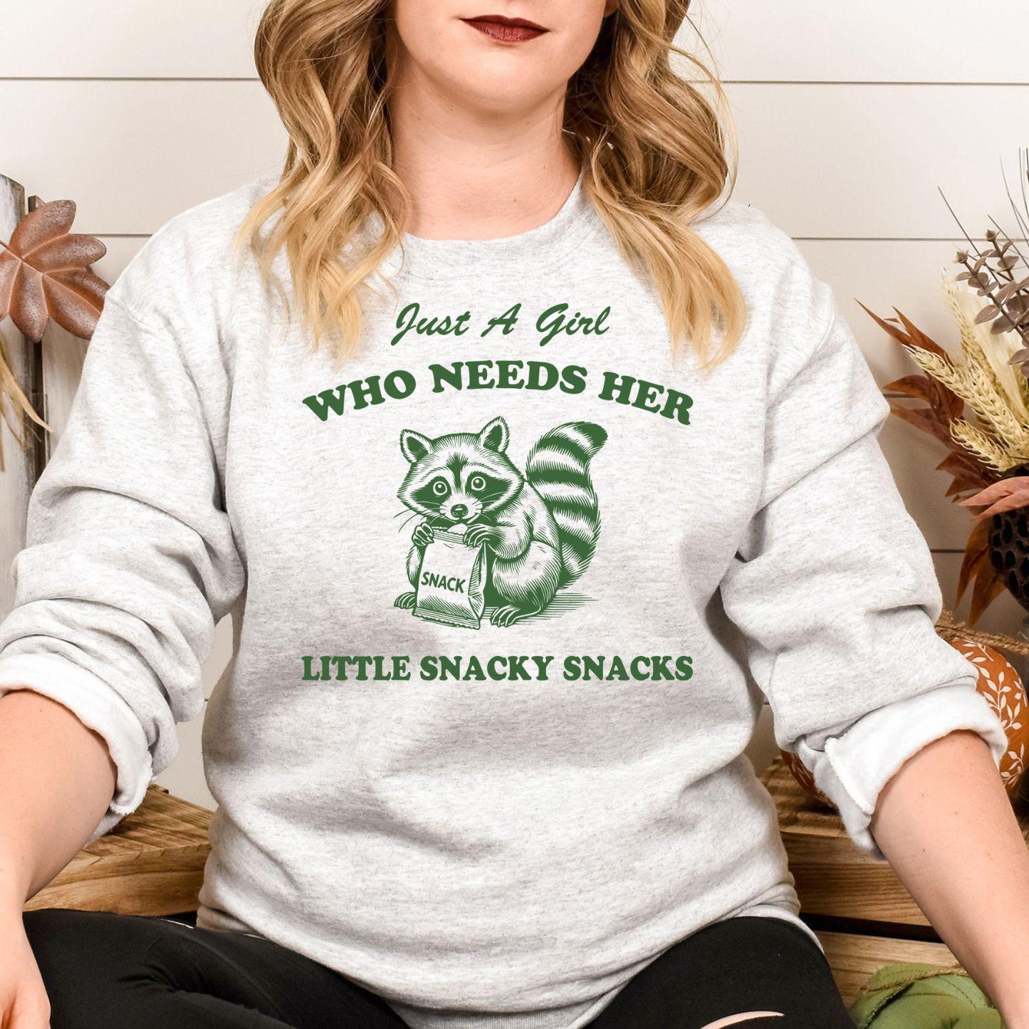 Just A Girl Funny Raccoon Snack Shirt | Cute Snack Lover DTG Tee | Graphic Foodie Shirt | Cozy Fall Humor Top | Gift For Snack Lovers