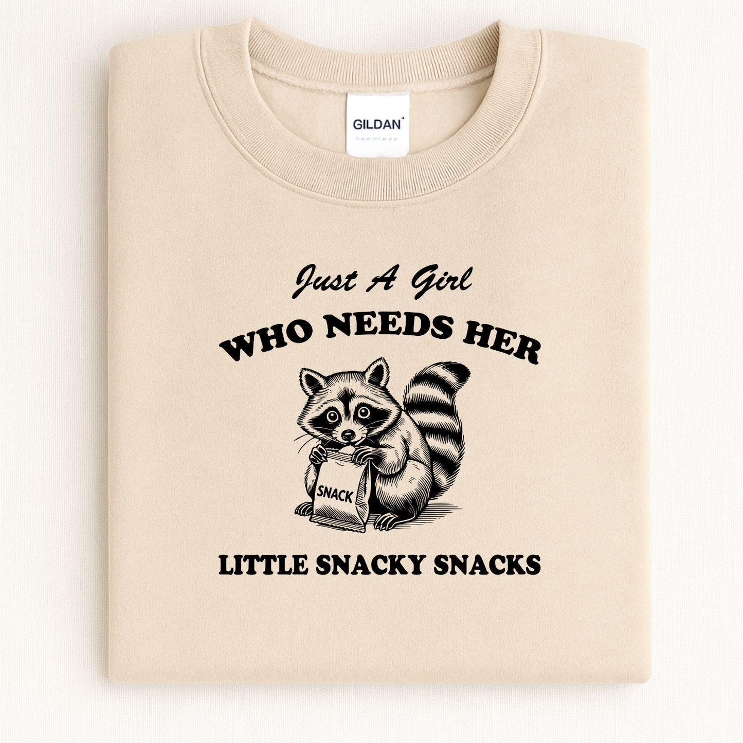 Just A Girl Funny Raccoon Snack Shirt | Cute Snack Lover DTG Tee | Graphic Foodie Shirt | Cozy Fall Humor Top | Gift For Snack Lovers