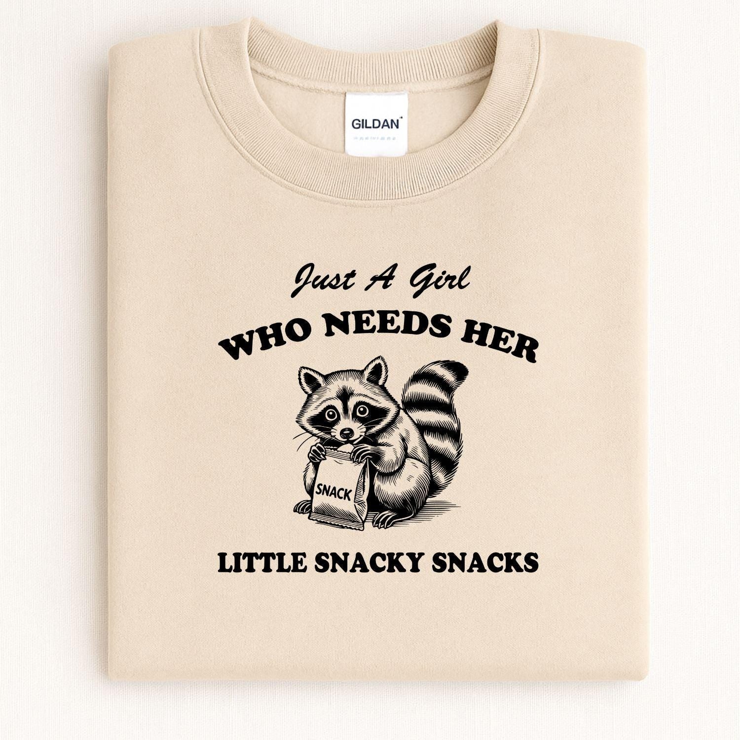 Just A Girl Funny Raccoon Snack Shirt | Cute Snack Lover DTG Tee | Graphic Foodie Shirt | Cozy Fall Humor Top | Gift For Snack Lovers
