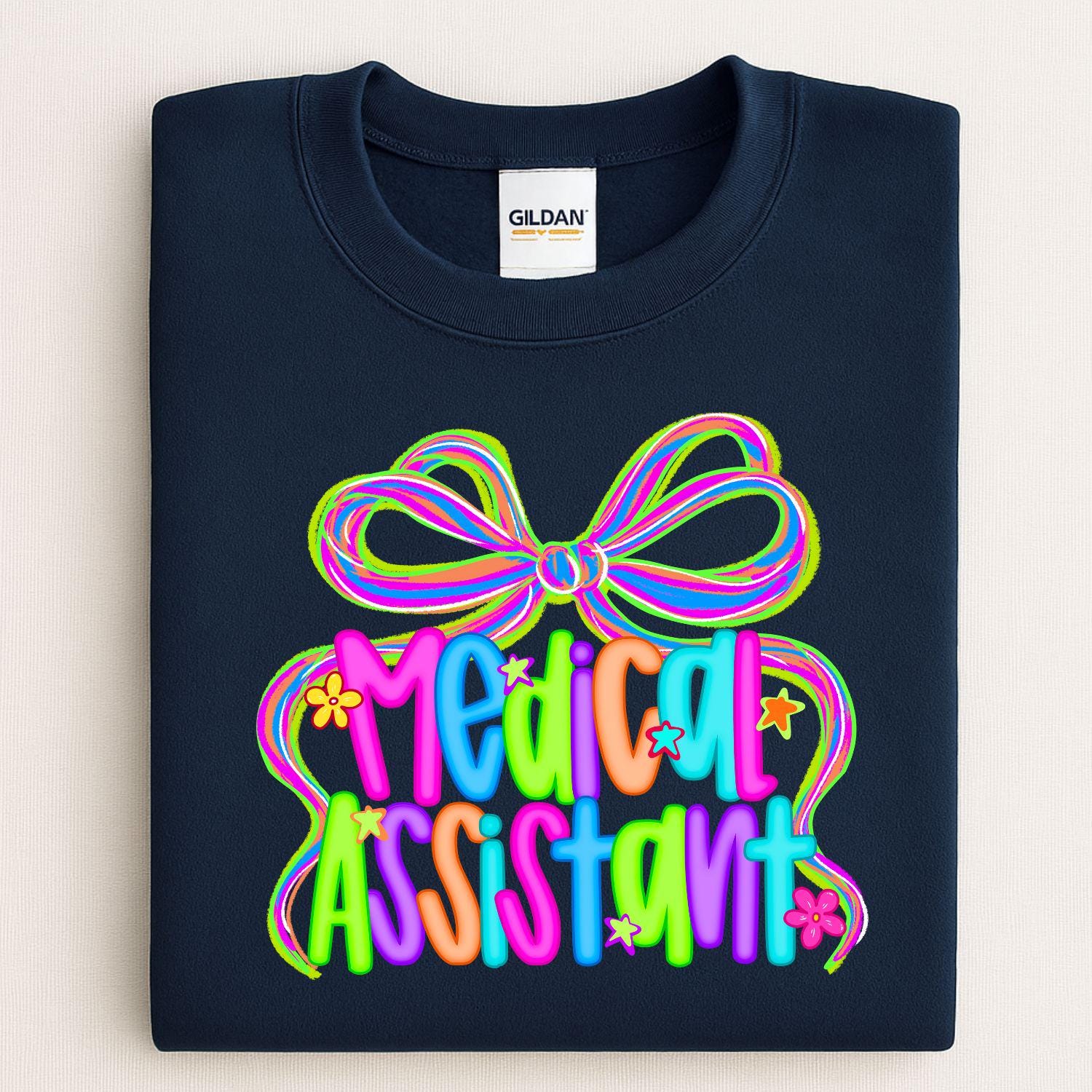 Colorful Medical Assistant Shirt | Neon Bow Graphic Tee | Healthcare Worker Appreciation Gift | Cute Nurse Scrub Uniform Top