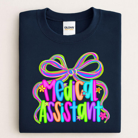 Colorful Medical Assistant Shirt | Neon Bow Graphic Tee | Healthcare Worker Appreciation Gift | Cute Nurse Scrub Uniform Top