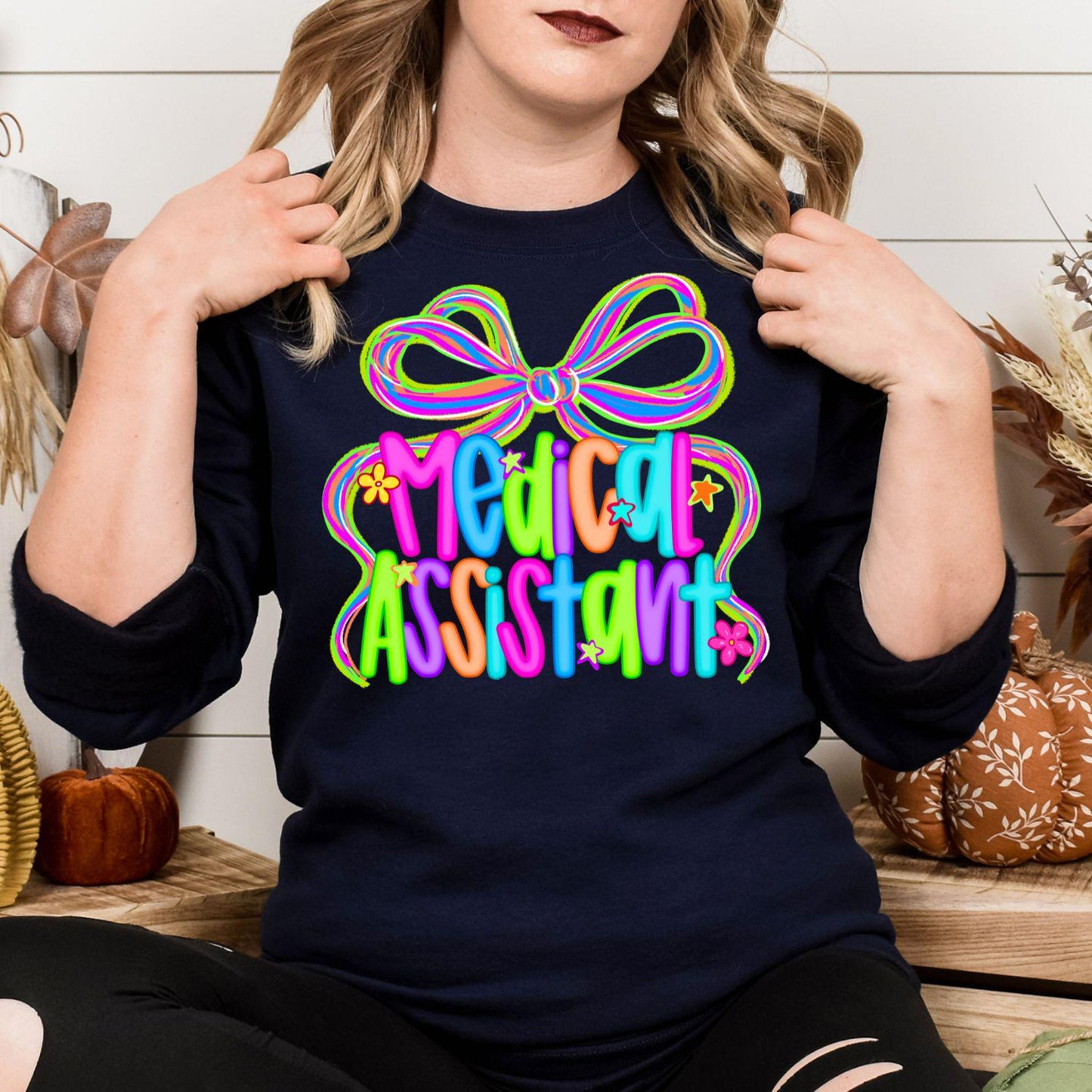 Colorful Medical Assistant Shirt | Neon Bow Graphic Tee | Healthcare Worker Appreciation Gift | Cute Nurse Scrub Uniform Top