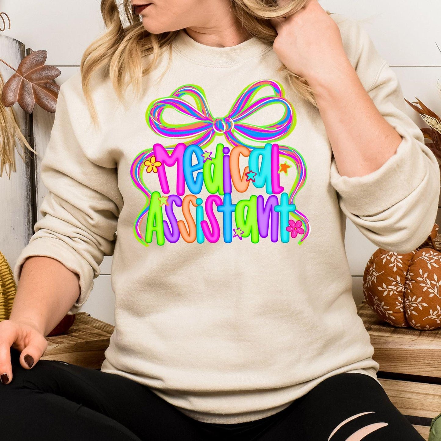 Colorful Medical Assistant Shirt | Neon Bow Graphic Tee | Healthcare Worker Appreciation Gift | Cute Nurse Scrub Uniform Top