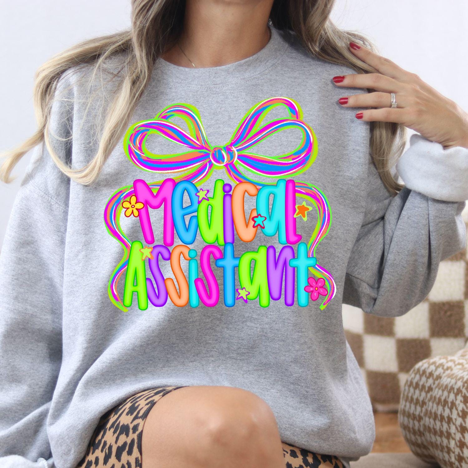 Colorful Medical Assistant Shirt | Neon Bow Graphic Tee | Healthcare Worker Appreciation Gift | Cute Nurse Scrub Uniform Top