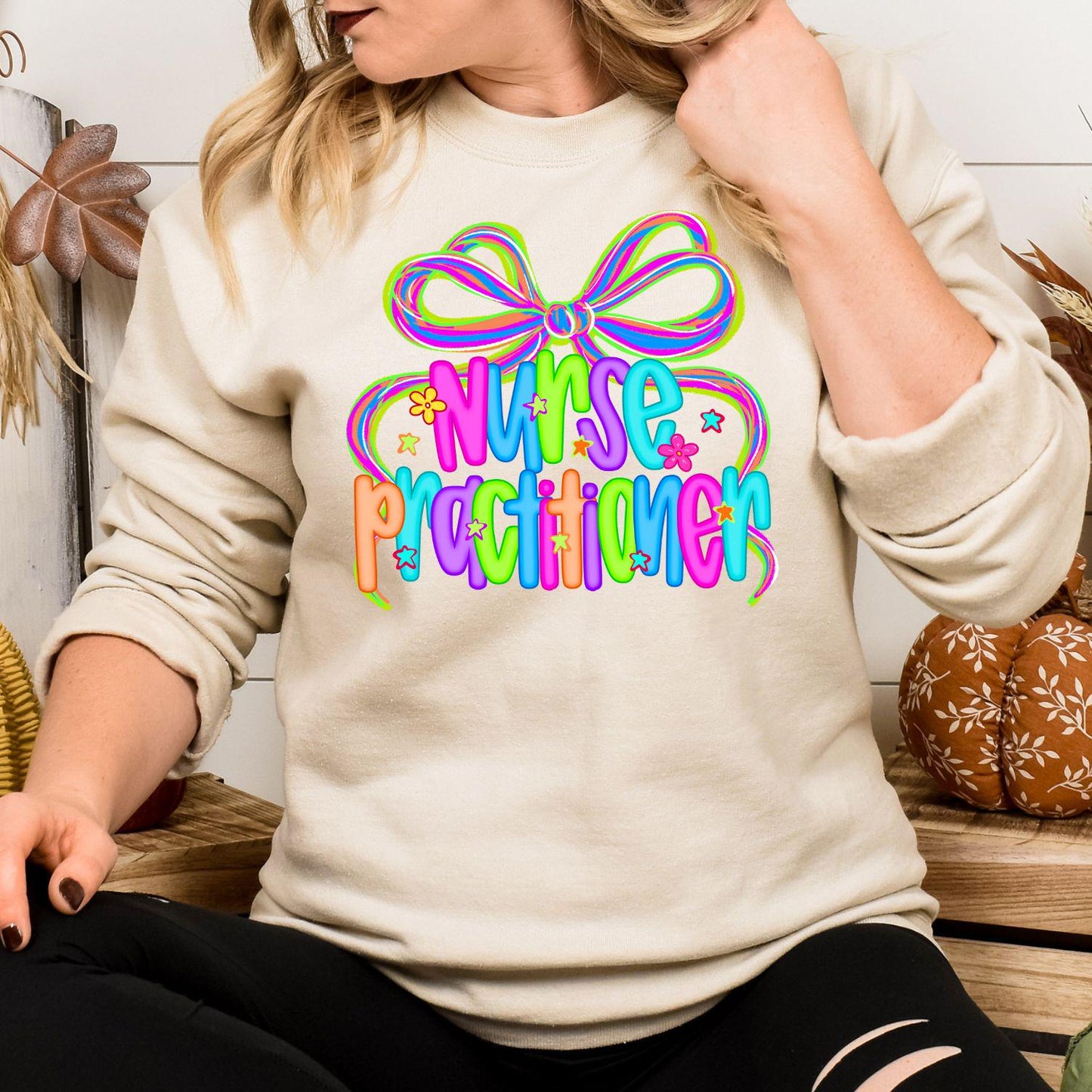 Colorful Nurse Practitioner Shirt | Neon Bow Graphic Tee | Medical Staff Appreciation Gift | Healthcare Worker DTG T-Shirt Unisex