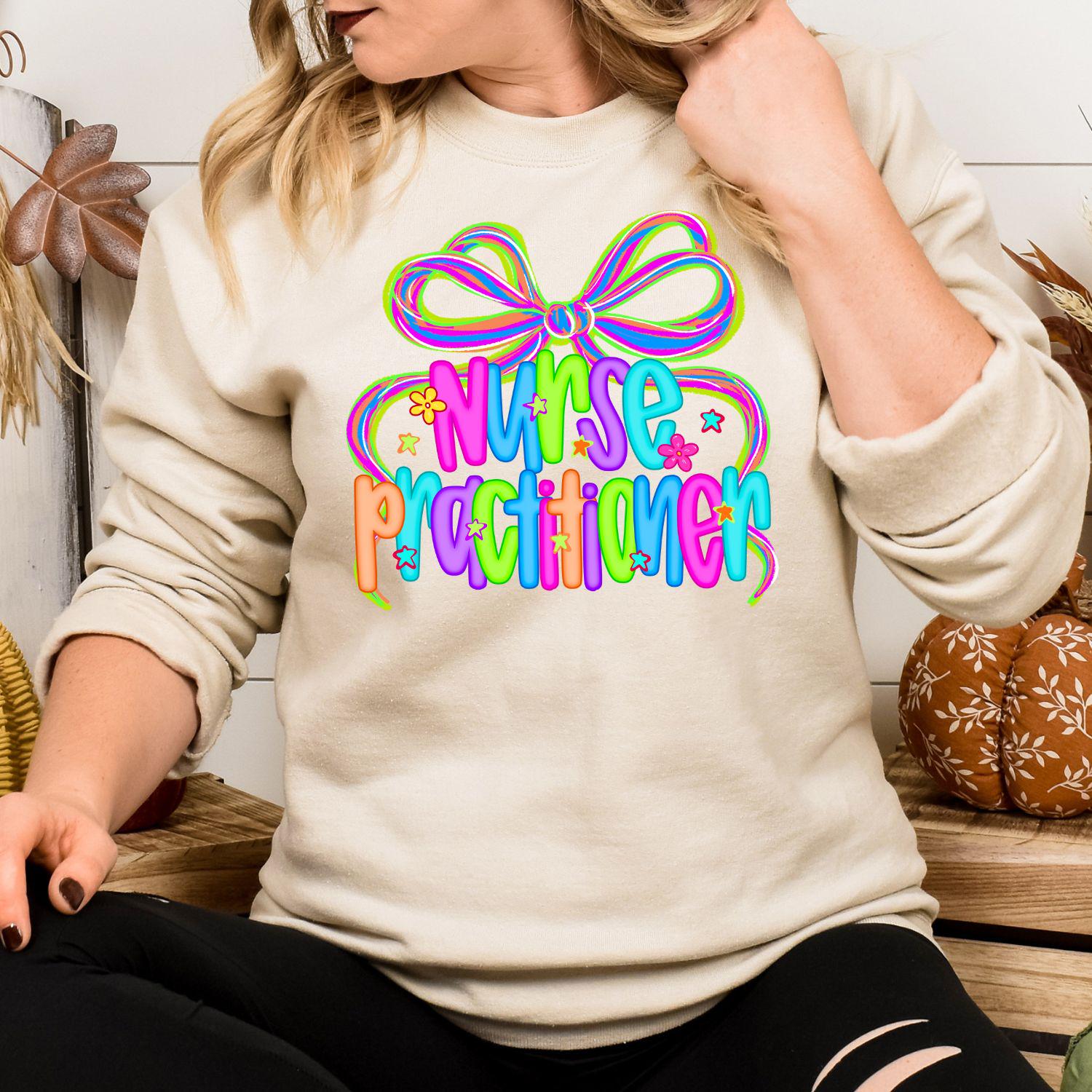 Colorful Nurse Practitioner Shirt | Neon Bow Graphic Tee | Medical Staff Appreciation Gift | Healthcare Worker DTG T-Shirt Unisex