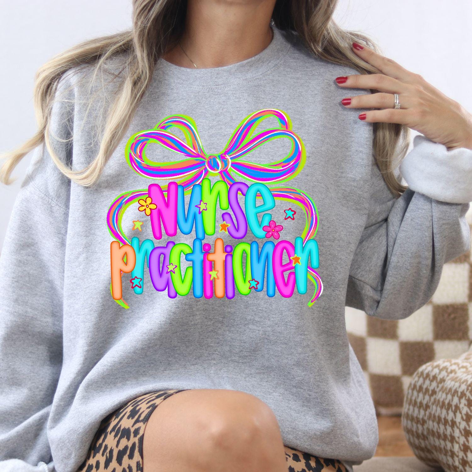 Colorful Nurse Practitioner Shirt | Neon Bow Graphic Tee | Medical Staff Appreciation Gift | Healthcare Worker DTG T-Shirt Unisex