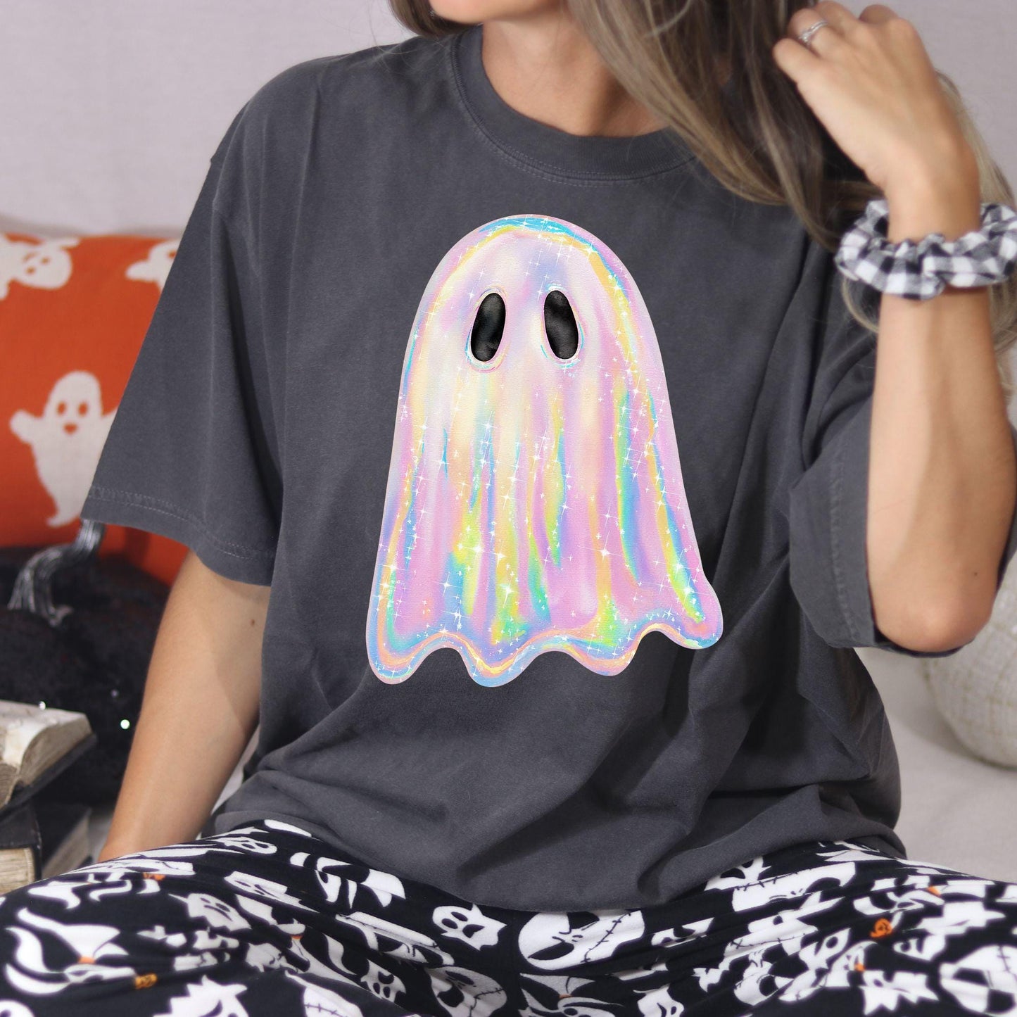 Rainbow Pastel Ghost Shirt | Cute Spooky Halloween Tee | Colorful Ghost Graphic Tee | Fall Aesthetic Oversized DTG T-Shirt