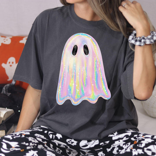 Rainbow Pastel Ghost Shirt | Cute Spooky Halloween Tee | Colorful Ghost Graphic Tee | Fall Aesthetic Oversized DTG T-Shirt