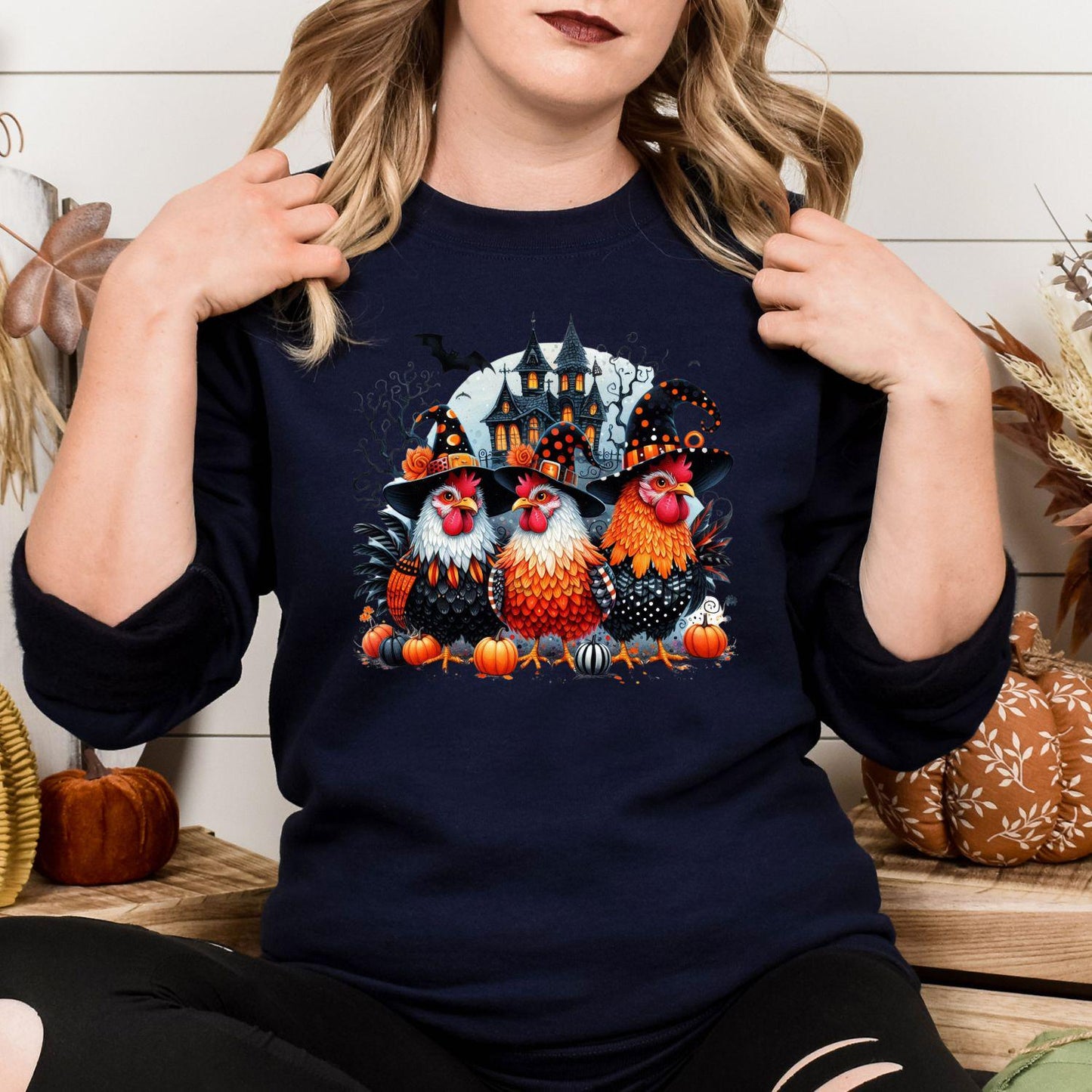 Halloween Chicken Shirt Witchy Farmhouse DTG Tee, Spooky Chicken Lover Gift, Funny Haunted Barnyard Graphic Shirt for Fall Season