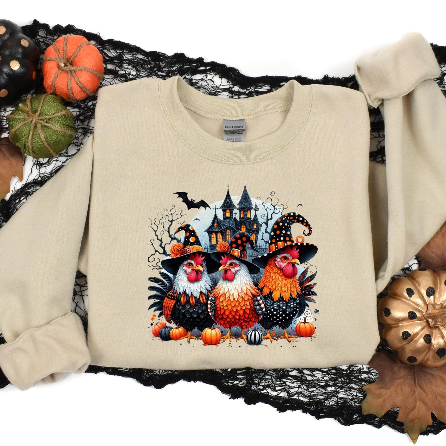 Halloween Chicken Shirt Witchy Farmhouse DTG Tee, Spooky Chicken Lover Gift, Funny Haunted Barnyard Graphic Shirt for Fall Season