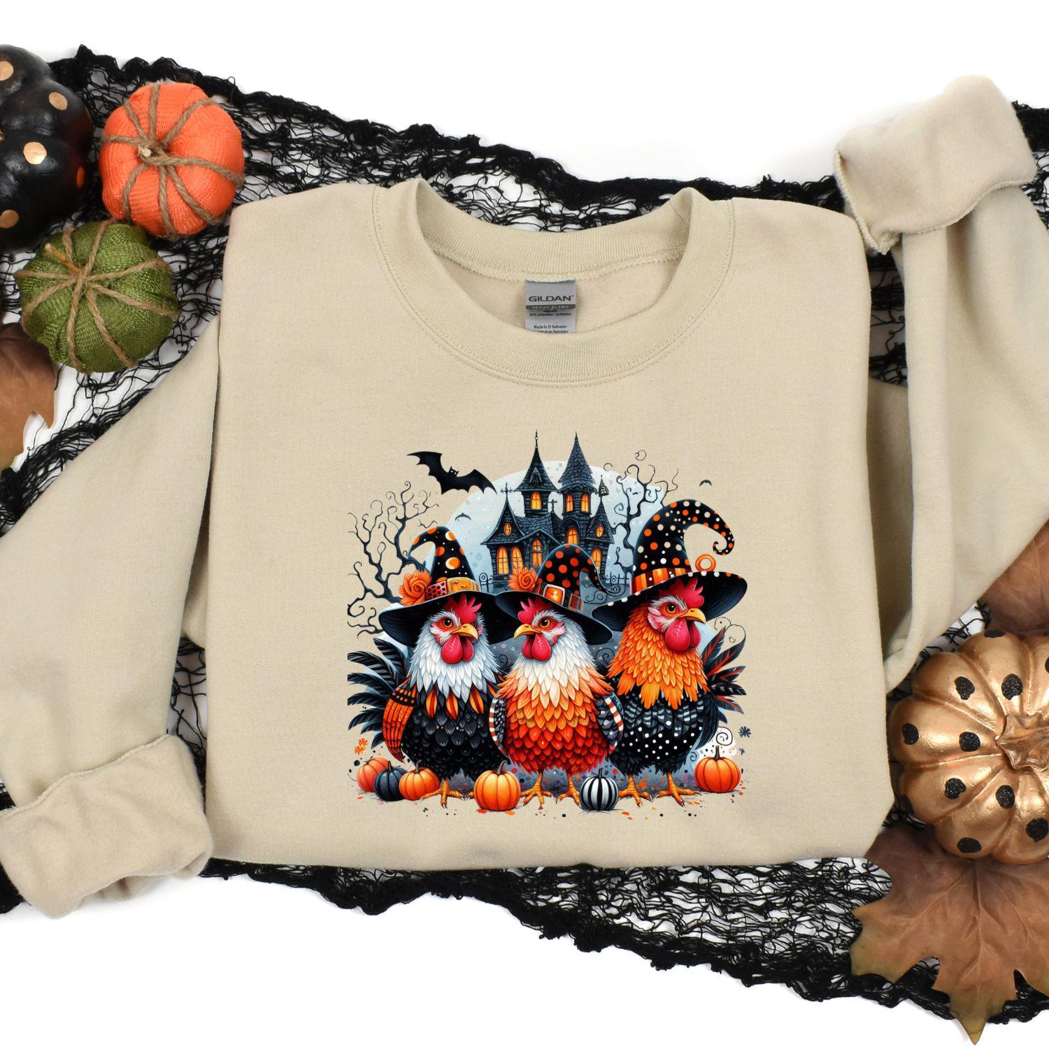 Halloween Chicken Shirt Witchy Farmhouse DTG Tee, Spooky Chicken Lover Gift, Funny Haunted Barnyard Graphic Shirt for Fall Season