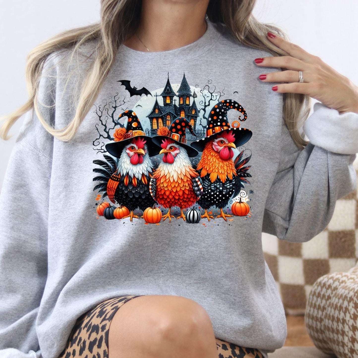 Halloween Chicken Shirt Witchy Farmhouse DTG Tee, Spooky Chicken Lover Gift, Funny Haunted Barnyard Graphic Shirt for Fall Season