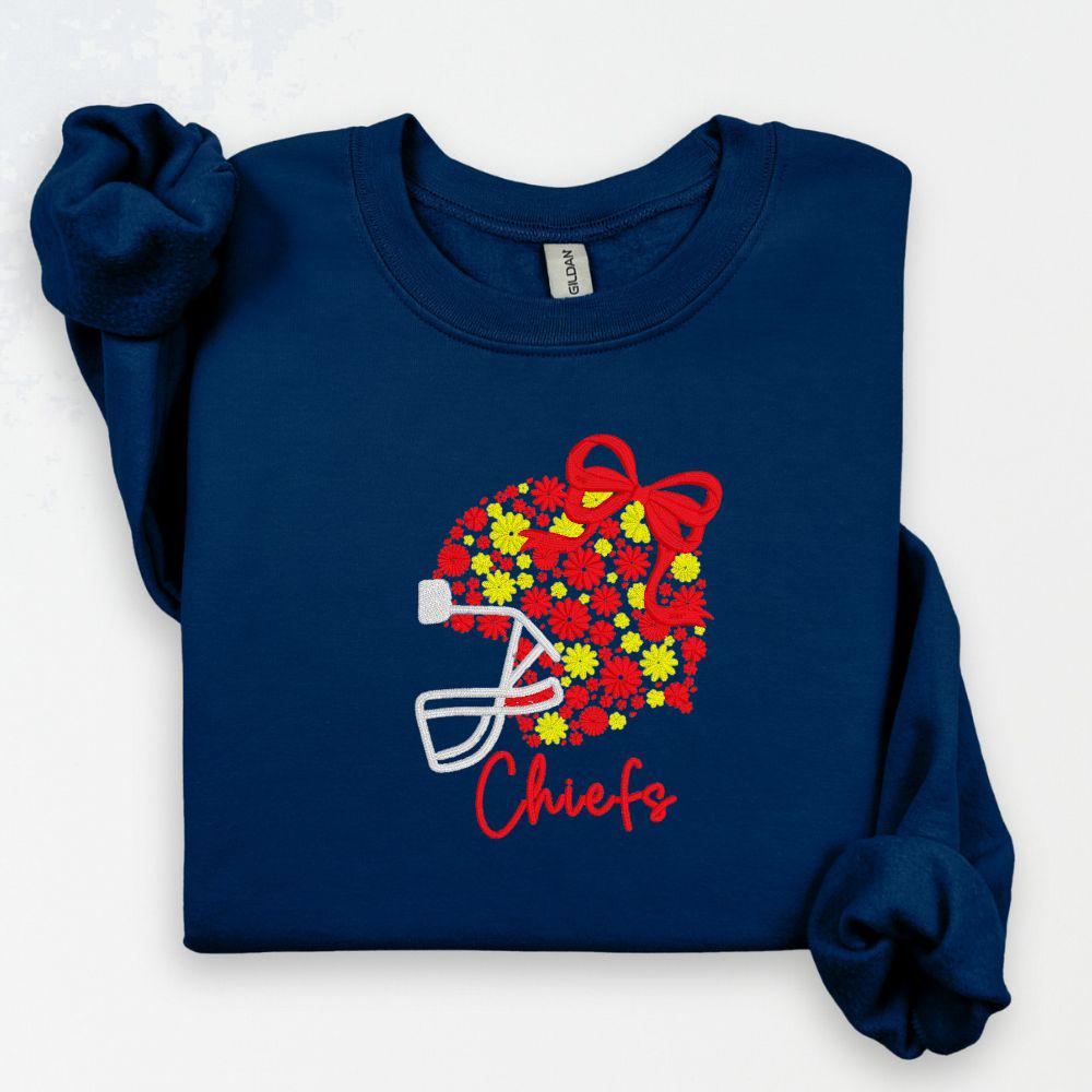 Red Gold Floral Football Embroidered Sweatshirt | Cozy Game Day Crewneck | Red & Yellow Football Fan Apparel | Fall Winter Outfit