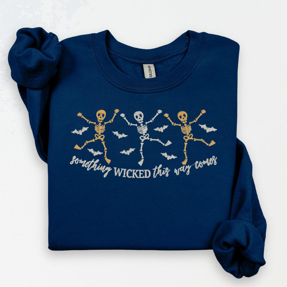 Skeleton Dance Embroidered Halloween Sweatshirt | Spooky Fall Crewneck | Retro Witches Night Pullover | Cozy Autumn Outfit