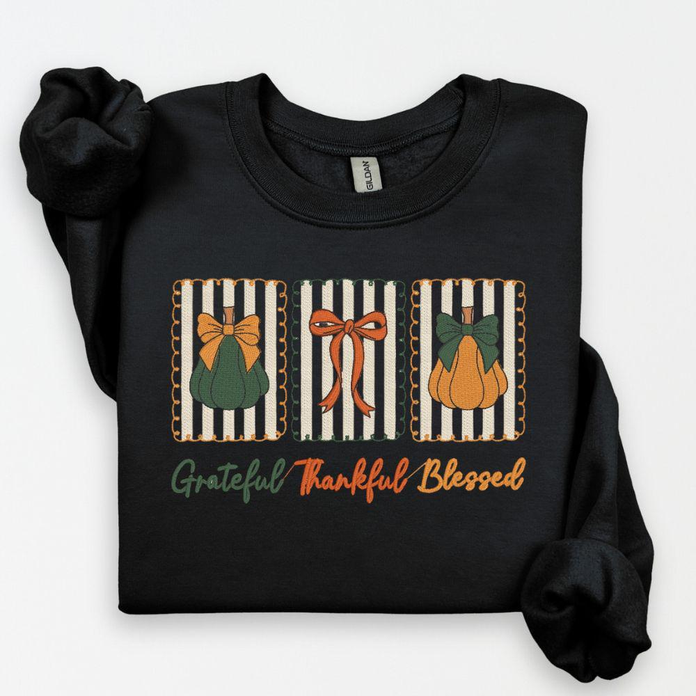 Grateful Thankful Blessed Embroidered Sweatshirt | Fall Pumpkin Crewneck | Cozy Thanksgiving Shirt | Autumn Harvest Outfit | Gift
