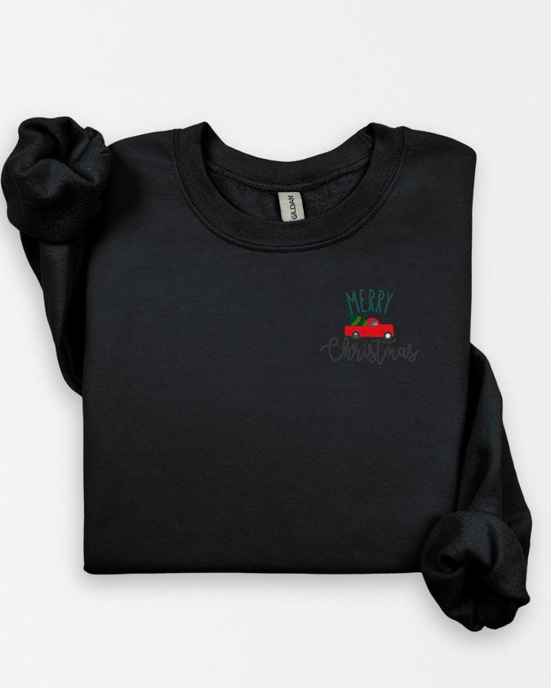 Red Truck with Tree –Embroidered Christmas Sweatshirt – Cozy Holiday Crewneck- Festive Cute Cozy Xmas Pullover-Winter Outfit