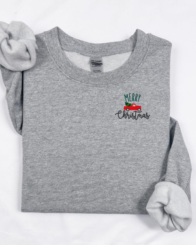 Red Truck with Tree –Embroidered Christmas Sweatshirt – Cozy Holiday Crewneck- Festive Cute Cozy Xmas Pullover-Winter Outfit