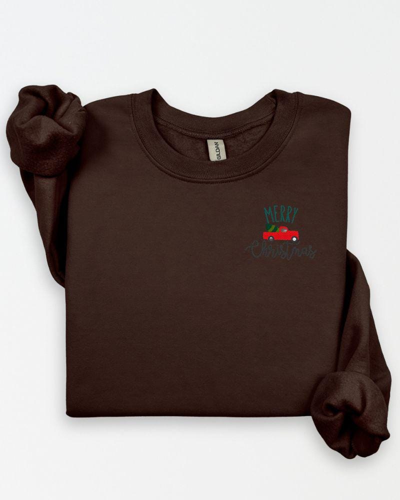 Red Truck with Tree –Embroidered Christmas Sweatshirt – Cozy Holiday Crewneck- Festive Cute Cozy Xmas Pullover-Winter Outfit