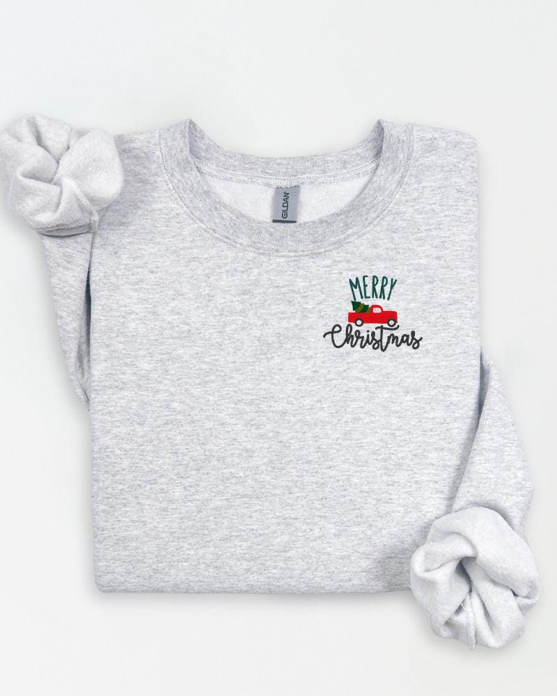 Red Truck with Tree –Embroidered Christmas Sweatshirt – Cozy Holiday Crewneck- Festive Cute Cozy Xmas Pullover-Winter Outfit